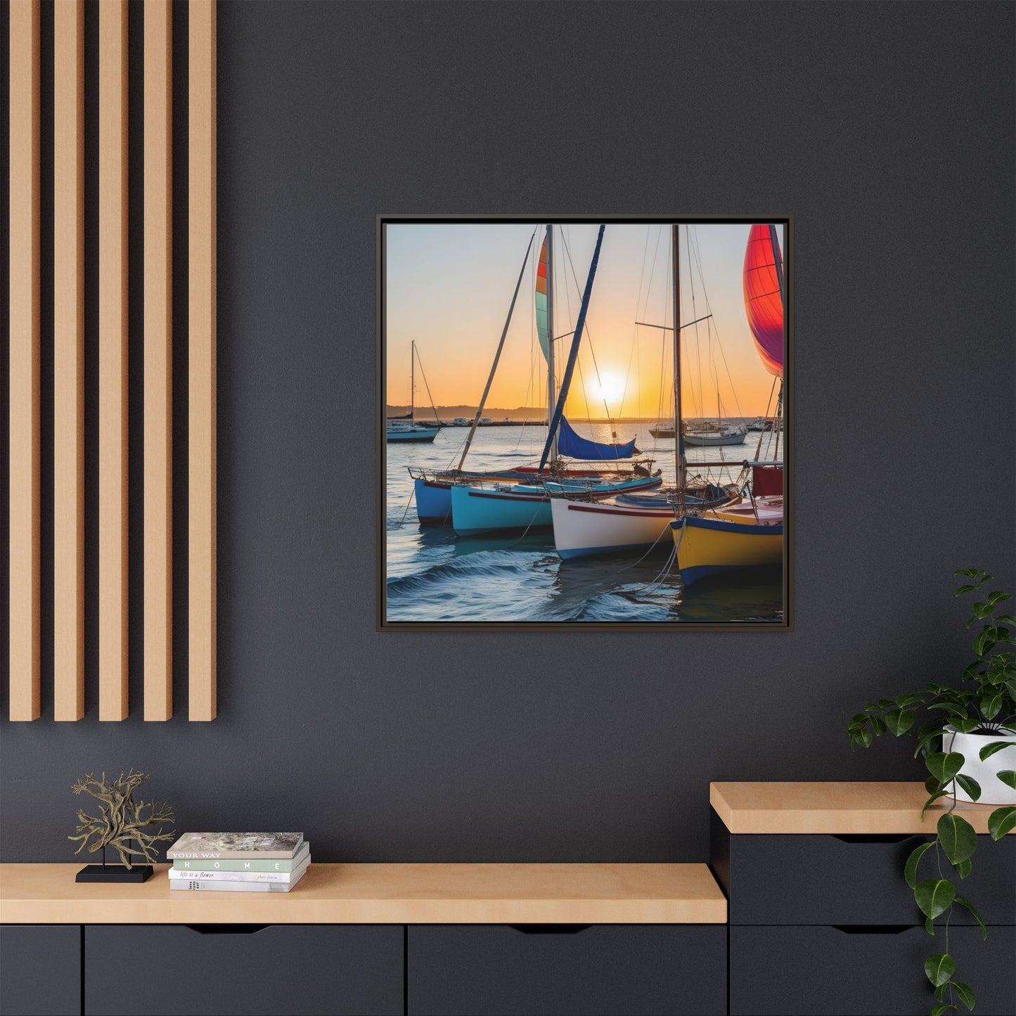 Sailboats at Sunset in Harbor Framed Canvas Wall Art Beach Lover Vacation Oceanic Gift Nature Lover Peaceful Zen Sunrise Art 3 frame colors