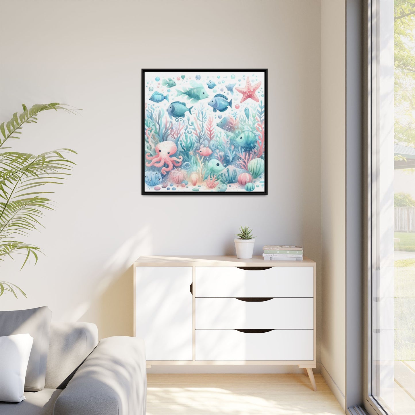 Whimsical Nursery Decor Pastel Underwater Design Unique Sweet Baby Room Framed Canvas Ocean Fish Print Unisex Baby Shower Octopus Gift