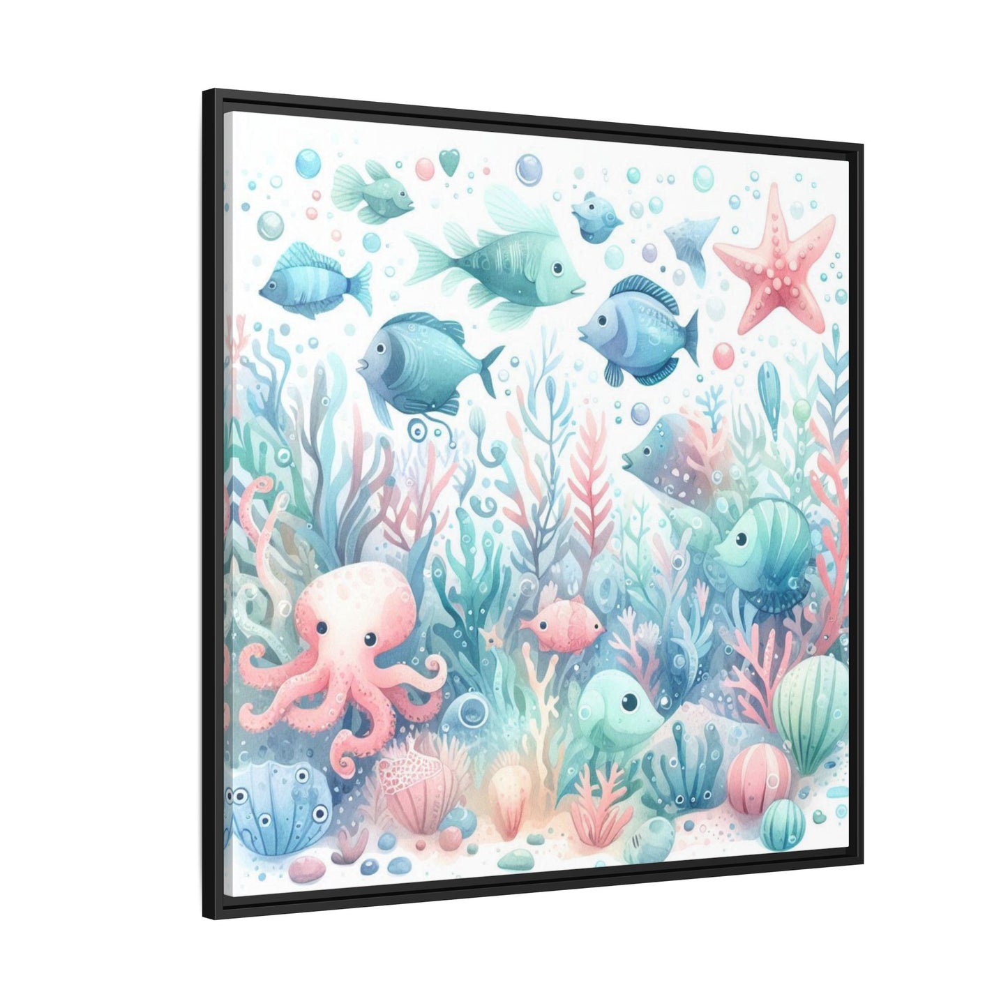 Whimsical Nursery Decor Pastel Underwater Design Unique Sweet Baby Room Framed Canvas Ocean Fish Print Unisex Baby Shower Octopus Gift