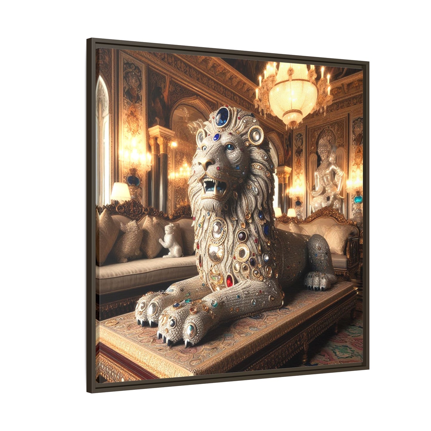 Bejeweled Lion Framed Canvas Print Wall Art Unique Fashion Designer Haute Couture Fashionista Animal Lover Gift Decor 3 Frame Colors