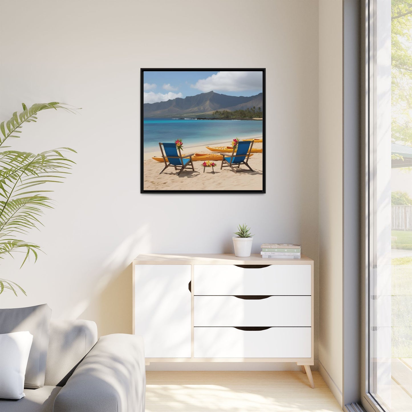 Chairs on the Beach Calm Sunny Day Framed Canvas Wall Art Beach Lover Vacation Oceanic Gift Nature Lover Peaceful Zen Gift 3 frame colors