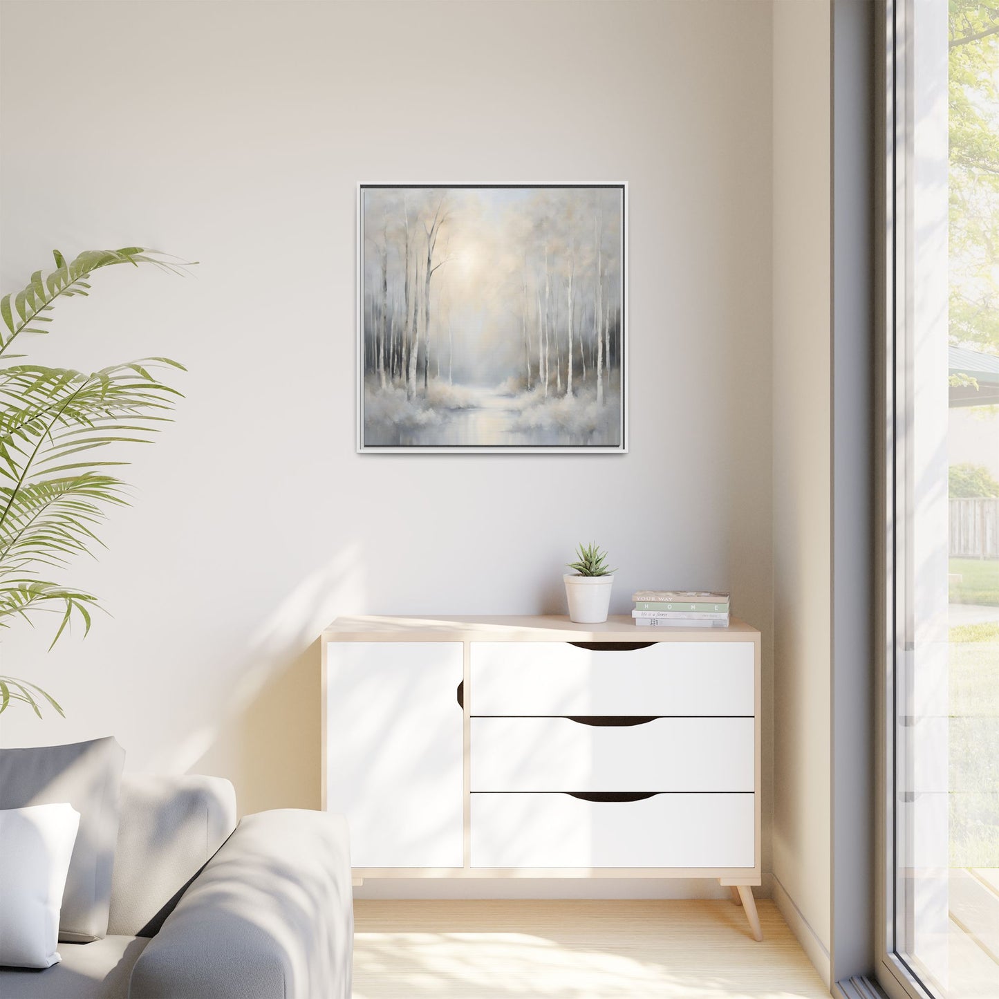Modern Abstract White Forest Design Unique Framed Canvas Wall Art Ocean Beach Gift Nature Lover Gift 3 frame colors