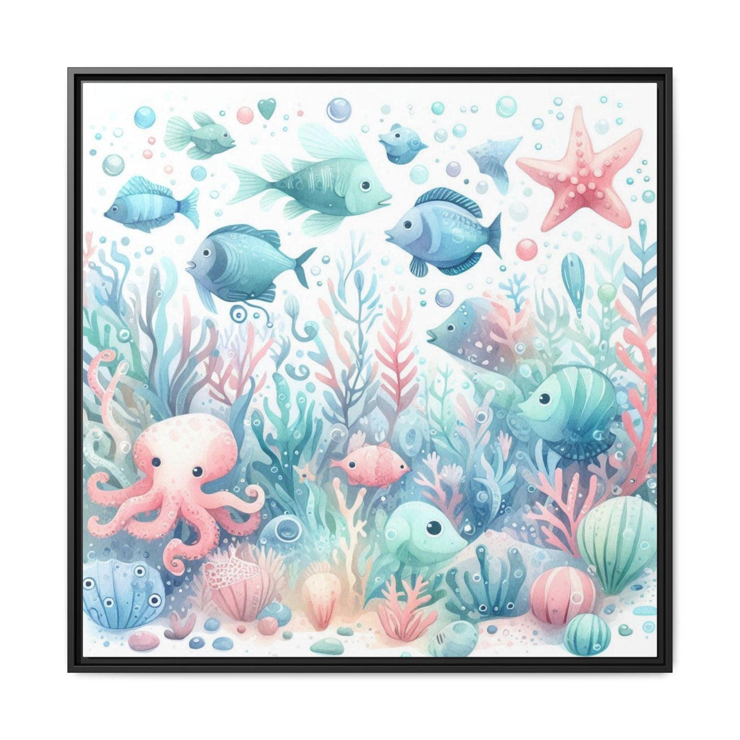 Whimsical Nursery Decor Pastel Underwater Design Unique Sweet Baby Room Framed Canvas Ocean Fish Print Unisex Baby Shower Octopus Gift