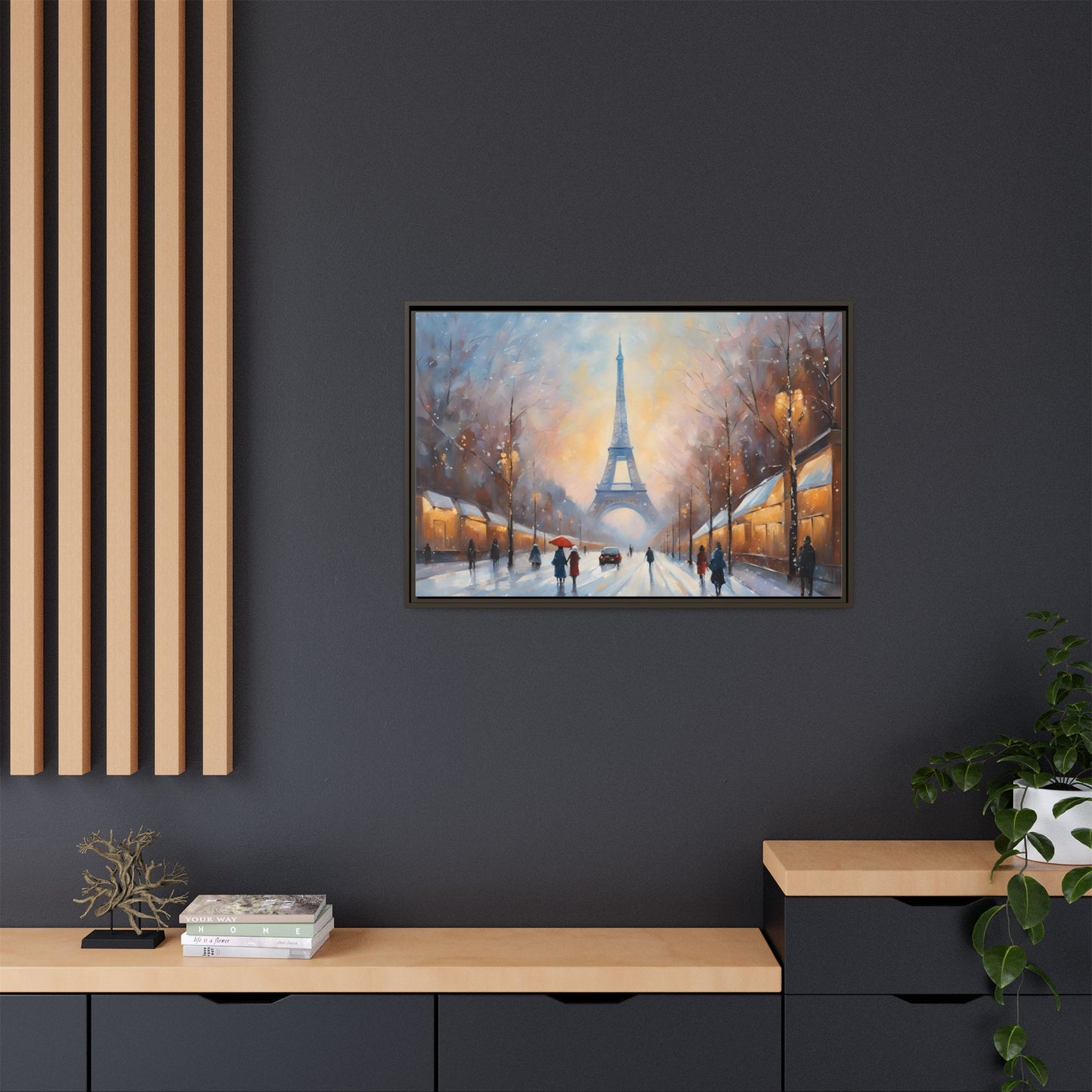 Eiffel Tower in Winter Print Wall Art Matte Stretched Canvas Paris Lover Gift Winter in France, 3 frame colors to choose from