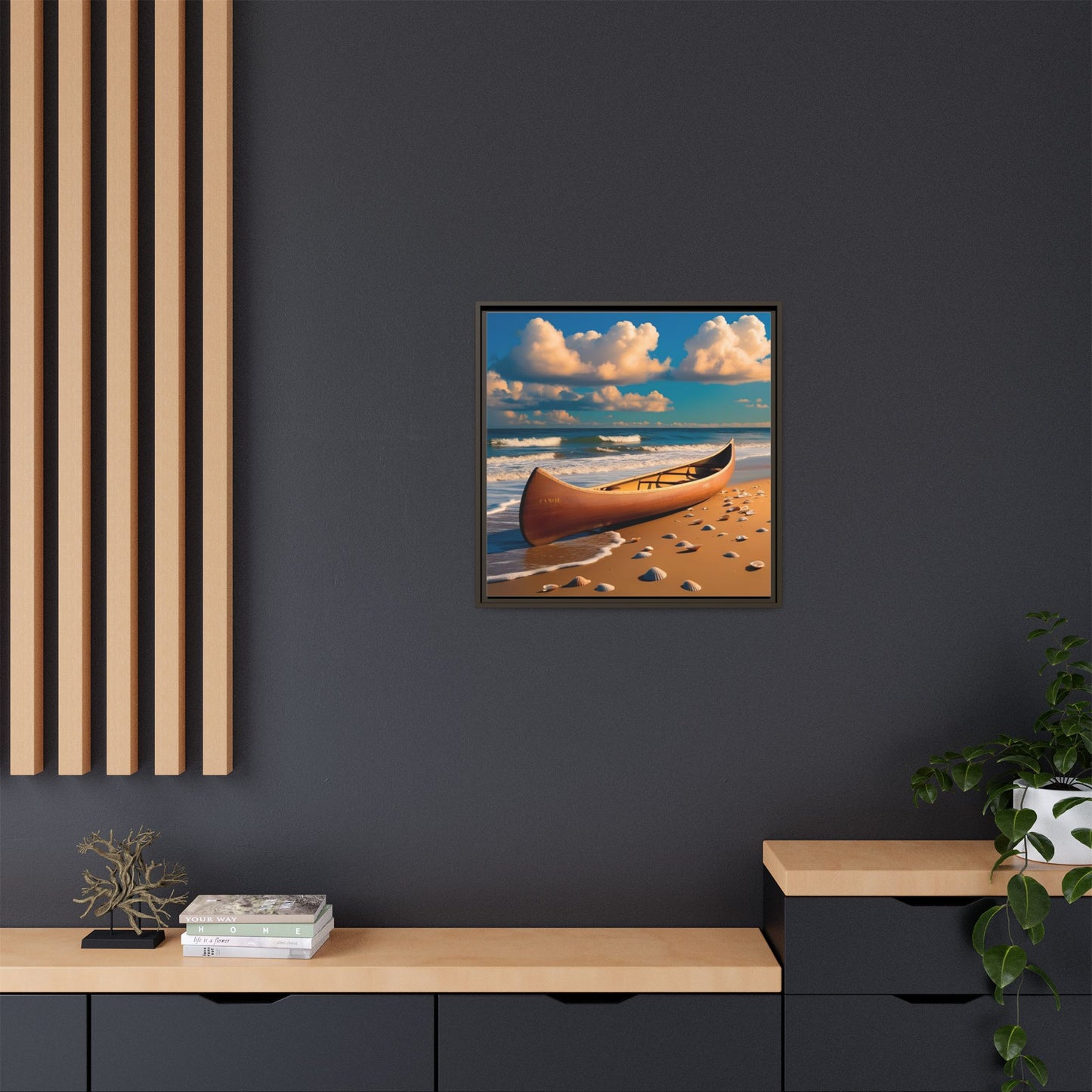 Canoe on the Beach Calm Sunny Day Framed Canvas Wall Art Beach Lover Vacation Oceanic Gift Nature Lover Peaceful Zen Gift 3 frame colors