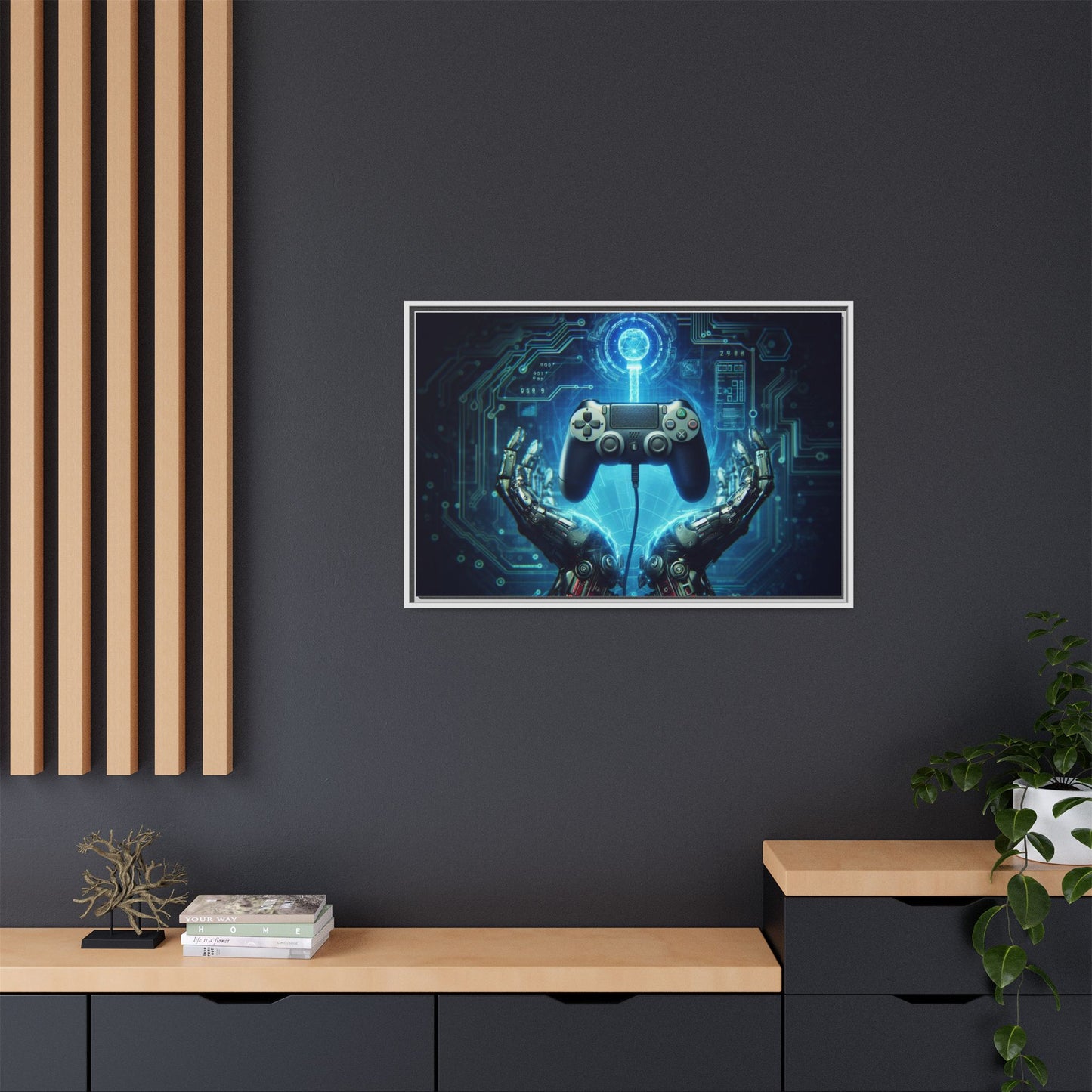 Gamer Themed Unique Framed AI Canvas Print Wall Art Video Game Lover Futuristic Digital Style Gift Cyber Geek Matrix Decor 3 frame colors