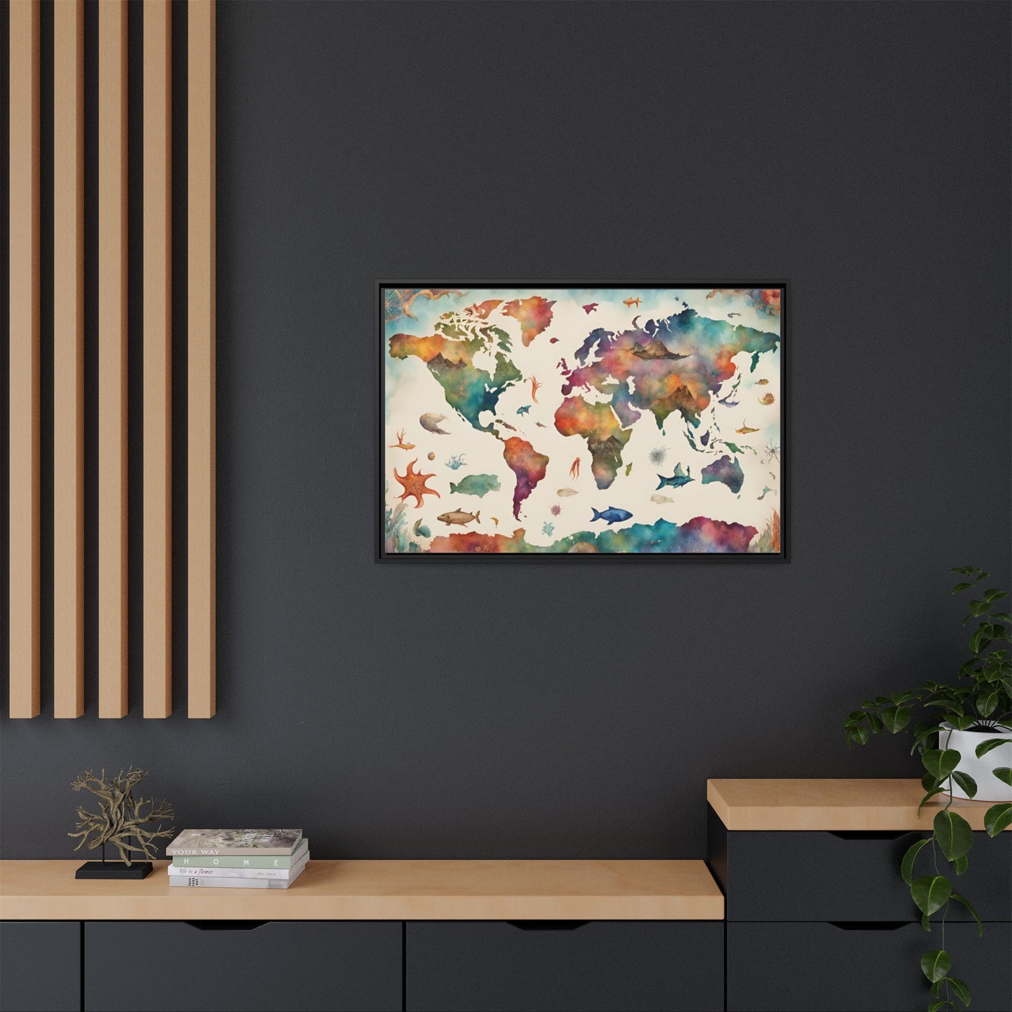 Unique Modern Art Style Colorful Marine Life Themed Global World Map Oceanic Print Matte Canvas Wall Art 3 frame colors to choose from