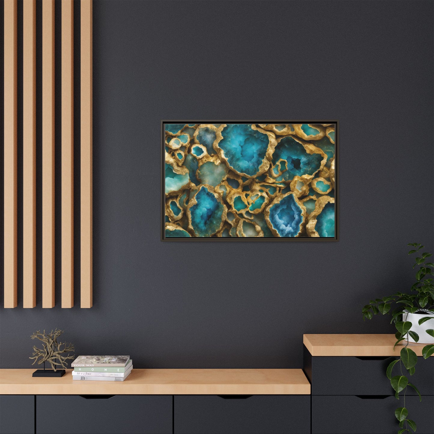 Blue, Green and Gold Quartz Crystal Geode Design Print Matte Canvas Wall Art Nature Lover Gift Geology Rock Lover Gift 3 frame color choices