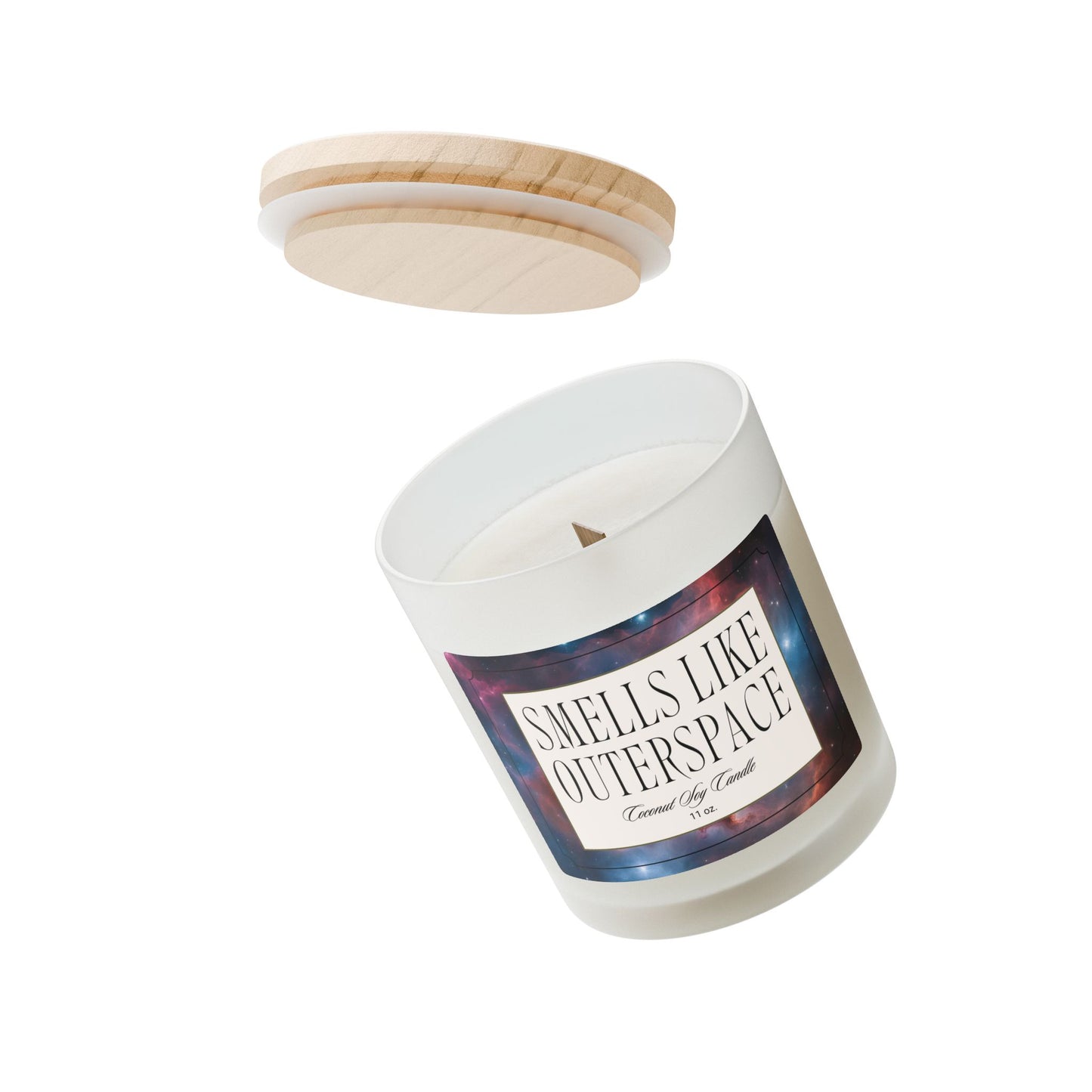 Artisanal Coconut Soy Frosted Glass Candle with Wooden Wick and Raw Maple Lid 11 oz Hand Poured Celestial Outerspace Sci-Fi Space Gift