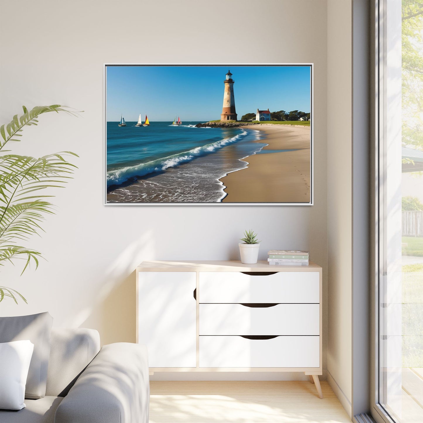 Lighthouse on the Beach Unique Framed Canvas Print Wall Art Nature Lover Gift Beachy Sailboats in the Ocean Vacation Decor 3 frame colors