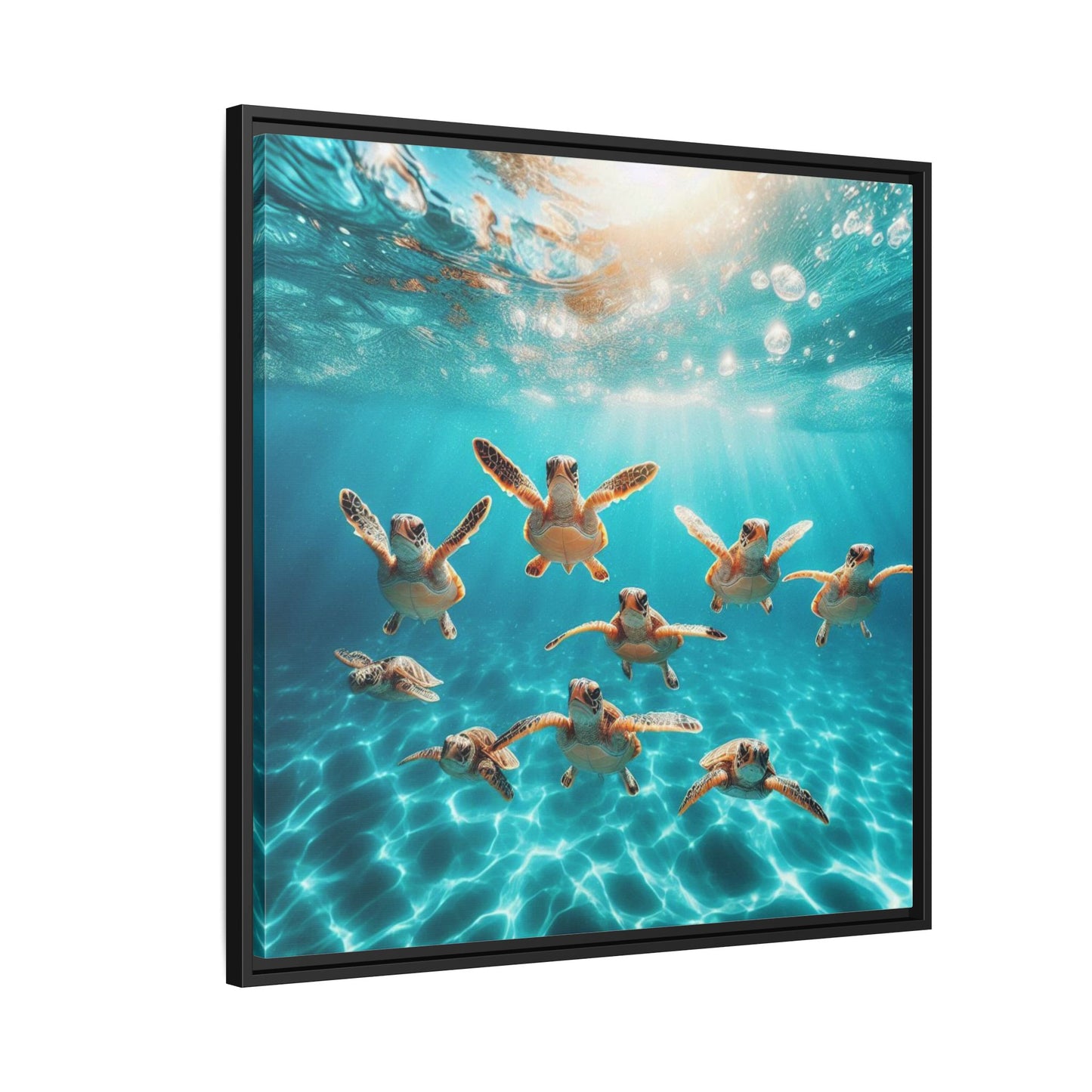 Baby Sea Turtles Out for a Swim Framed Canvas Wall Art Beach Lover Vacation Oceanic Gift Nature Lover Peaceful Zen Gift 3 frame colors