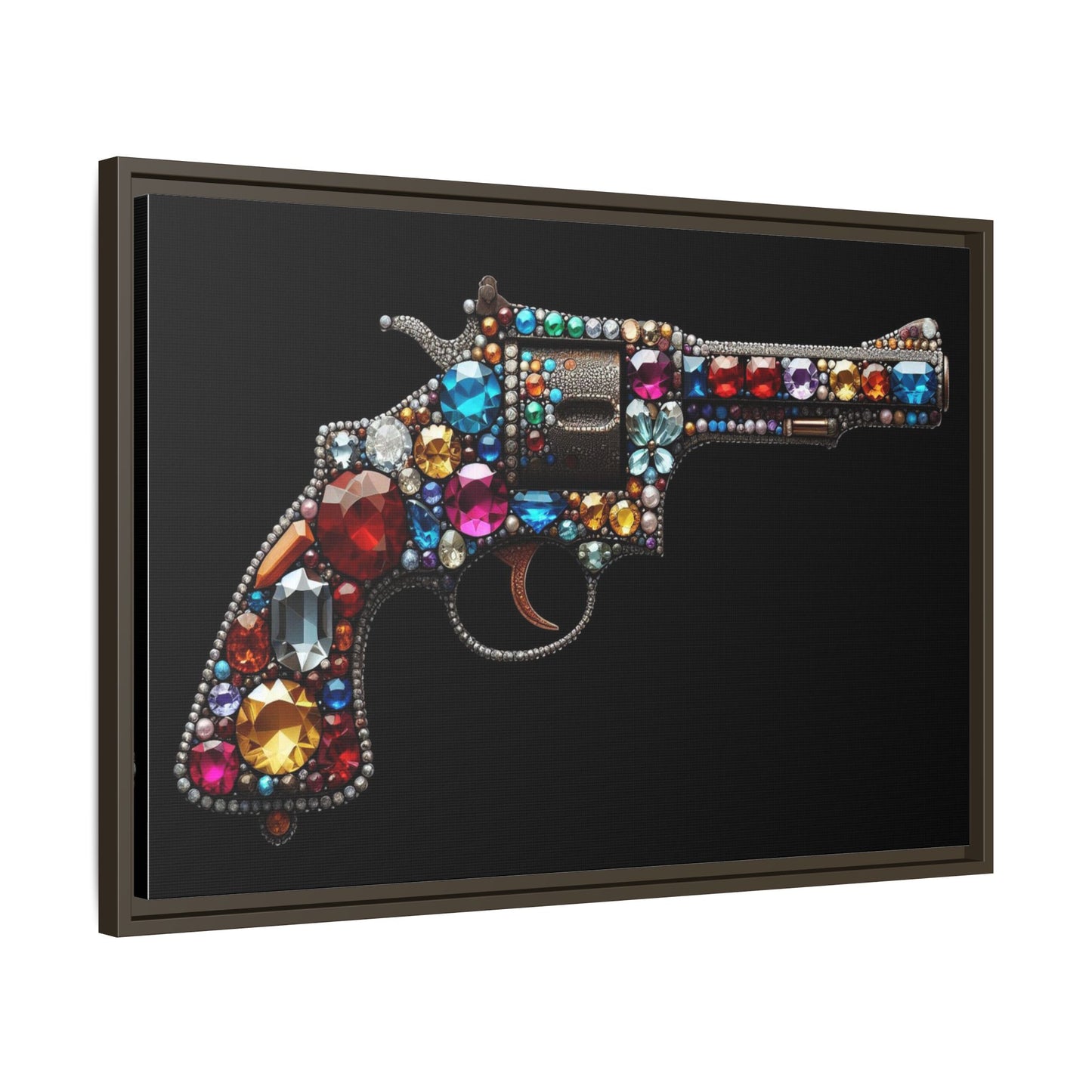 Bejeweled Revolver Print AI Design Unique Framed Canvas Print Wall Art Gun Lover Gift Edgy Glam Fantasy Weapon Decor 3 frame colors