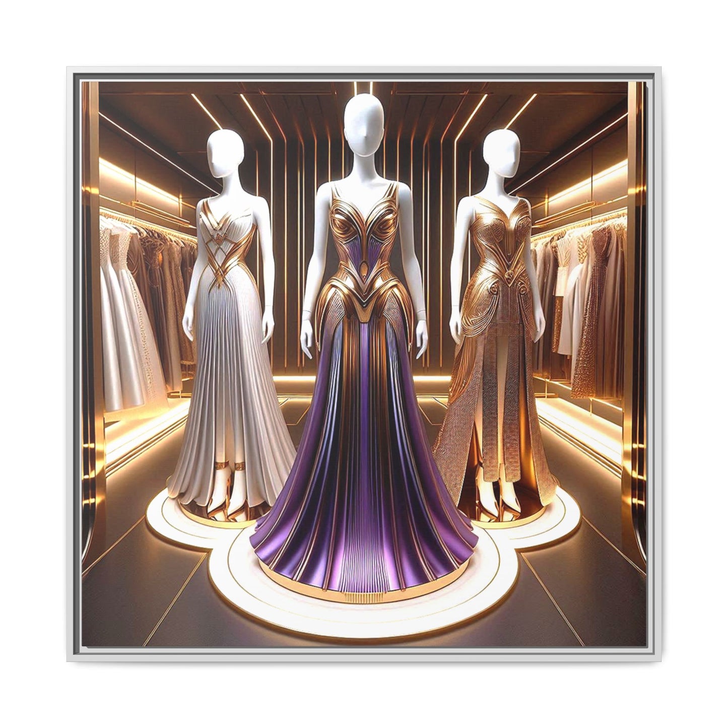 Futuristic Bodycon Runway Dress Framed Canvas Print Wall Art Unique Fashion Designer Style Haute Couture Fashionista Gift 3 Frame Colors