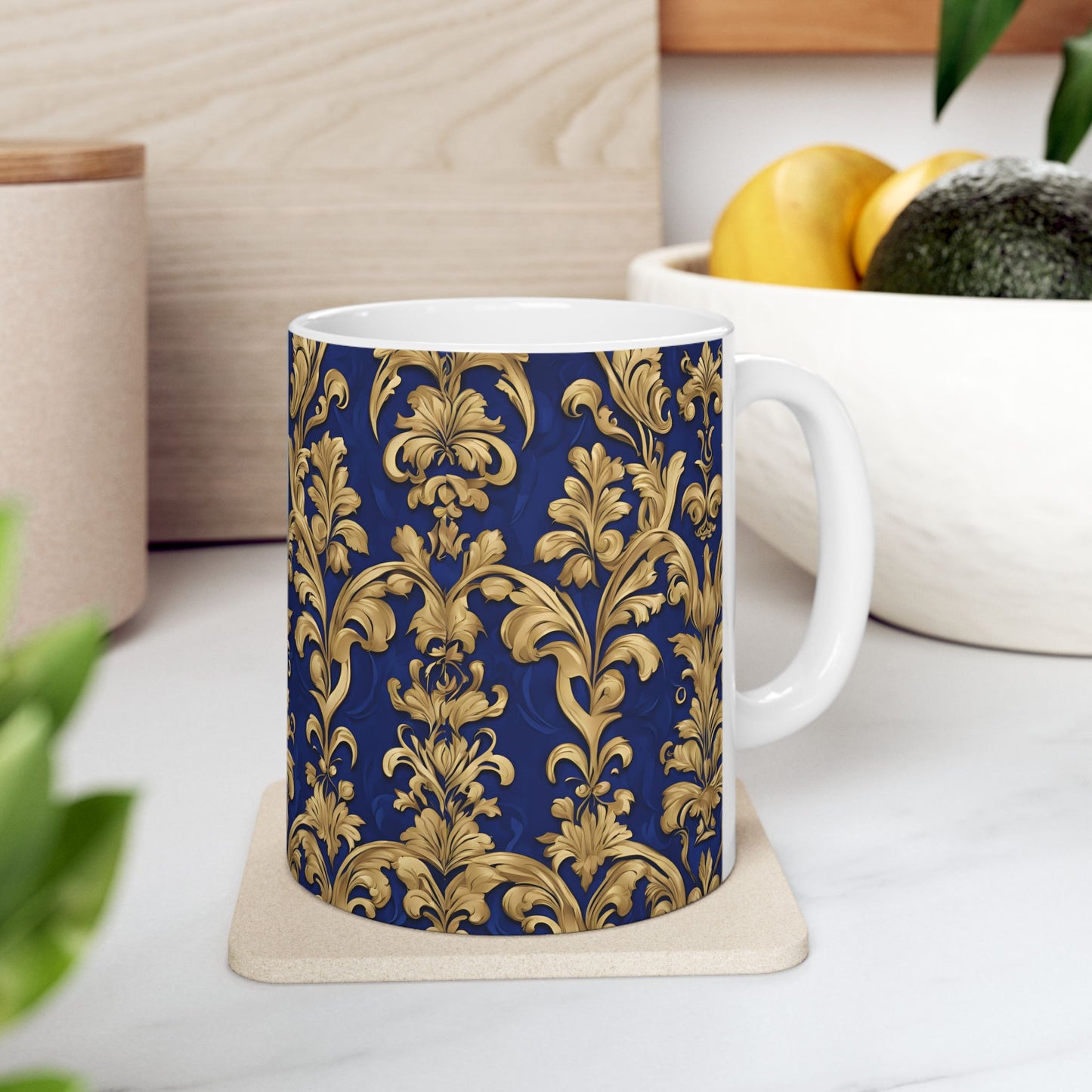 Beautiful Royal Blue and Gold Damask Vintage Tapestry Design Pattern Ceramic Mug, (11oz)