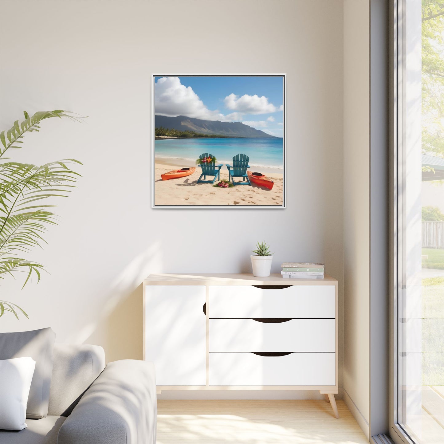 Chairs on the Beach Calm Sunny Day Framed Canvas Wall Art Beach Lover Vacation Oceanic Gift Nature Lover Peaceful Zen Gift 3 frame colors