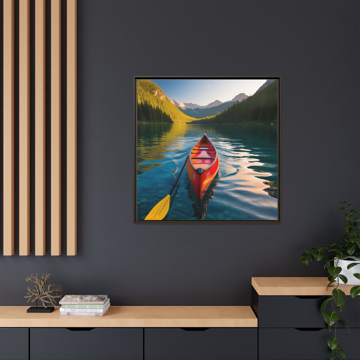 Canoe in the River Framed Canvas Wall Art Mountain Lover Outdoorsman Vacation Kayak Gift Nature Lover Peaceful Zen Gift 3 frame colors