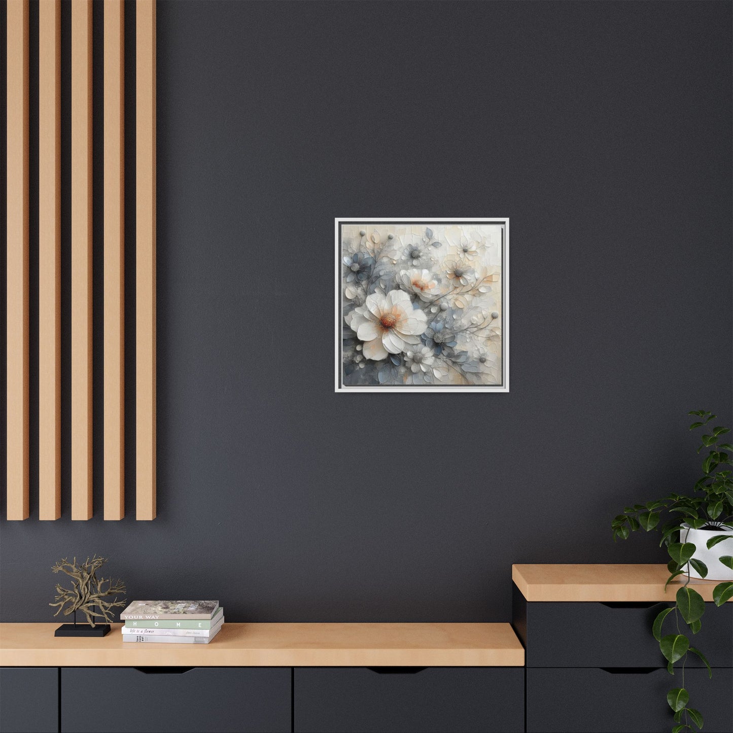 Modern Grey and White Floral Design Unique Framed Canvas Wall Art Flower Lover Gift Nature Lover Gift 3 frame colors