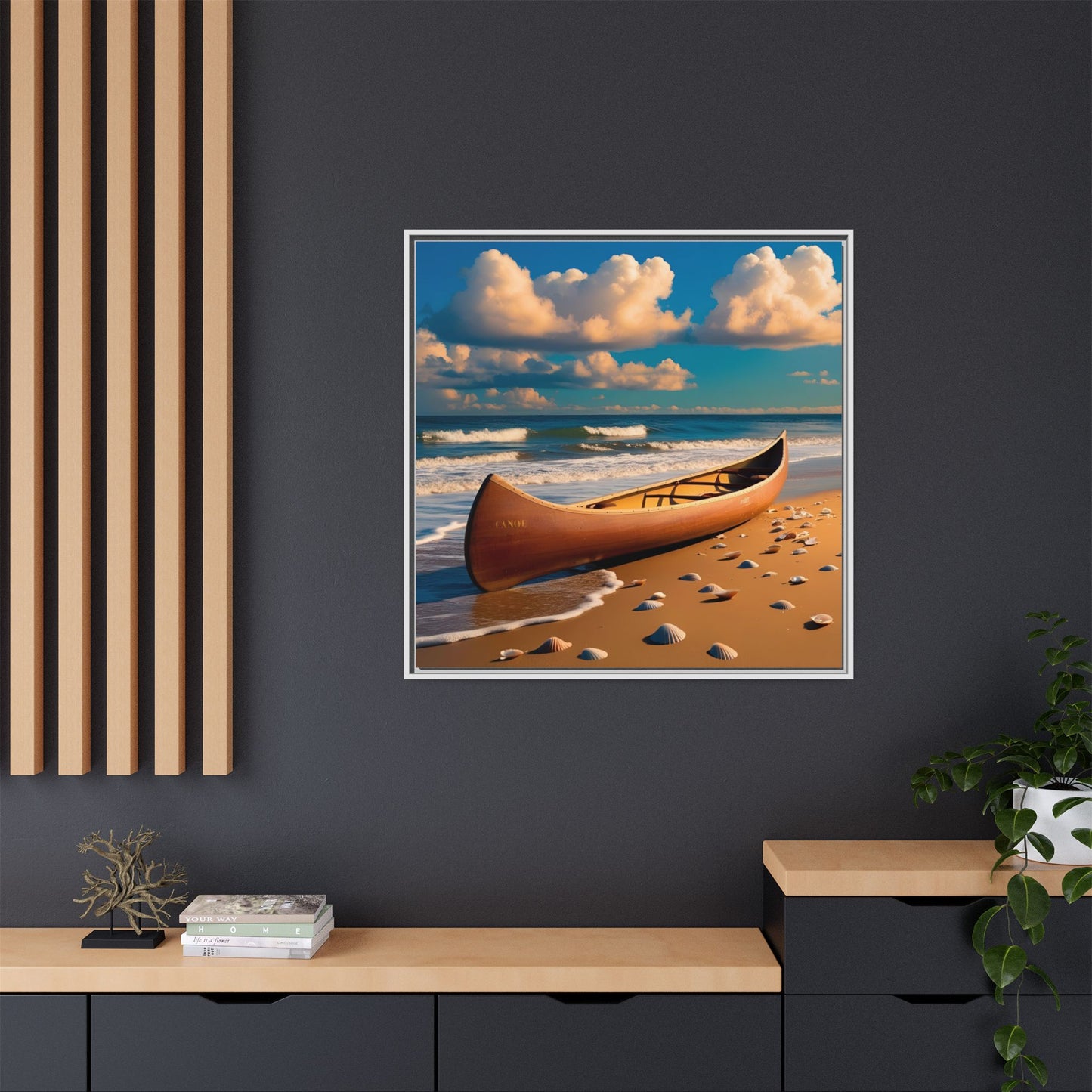 Canoe on the Beach Calm Sunny Day Framed Canvas Wall Art Beach Lover Vacation Oceanic Gift Nature Lover Peaceful Zen Gift 3 frame colors