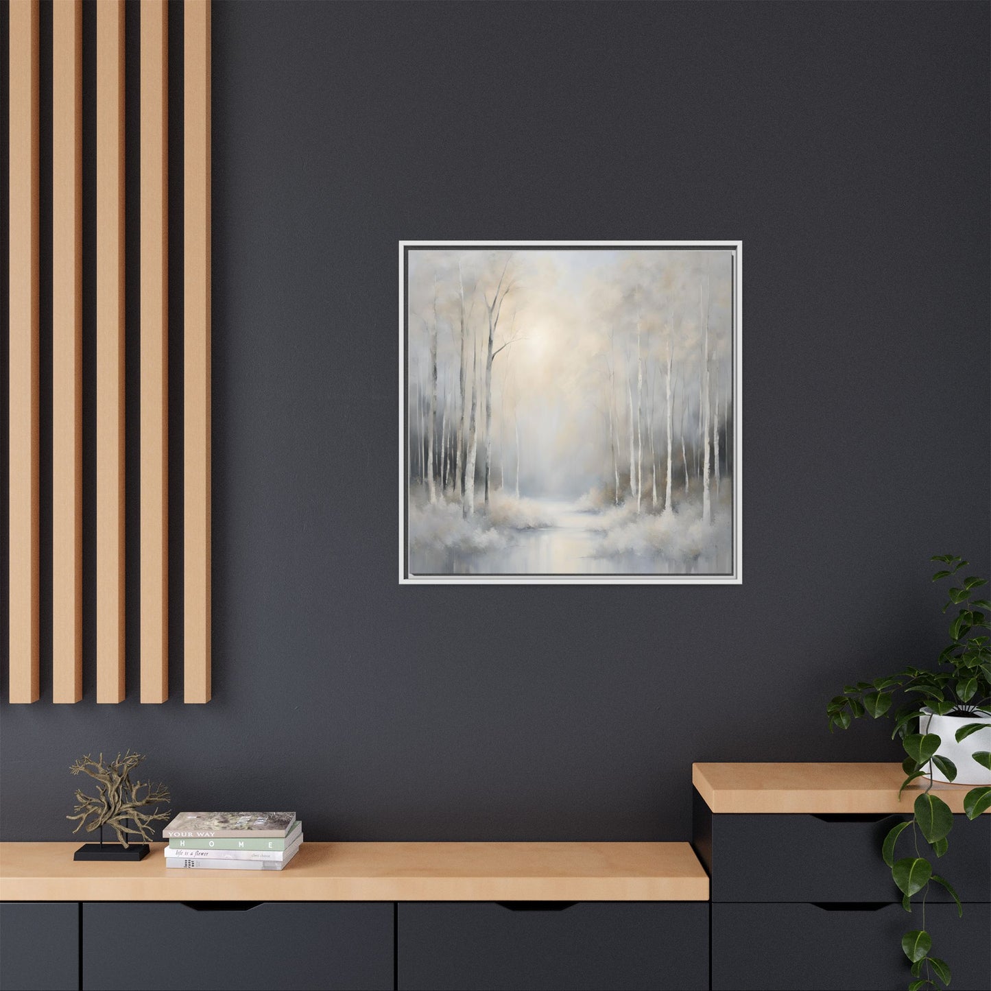 Modern Abstract White Forest Design Unique Framed Canvas Wall Art Ocean Beach Gift Nature Lover Gift 3 frame colors