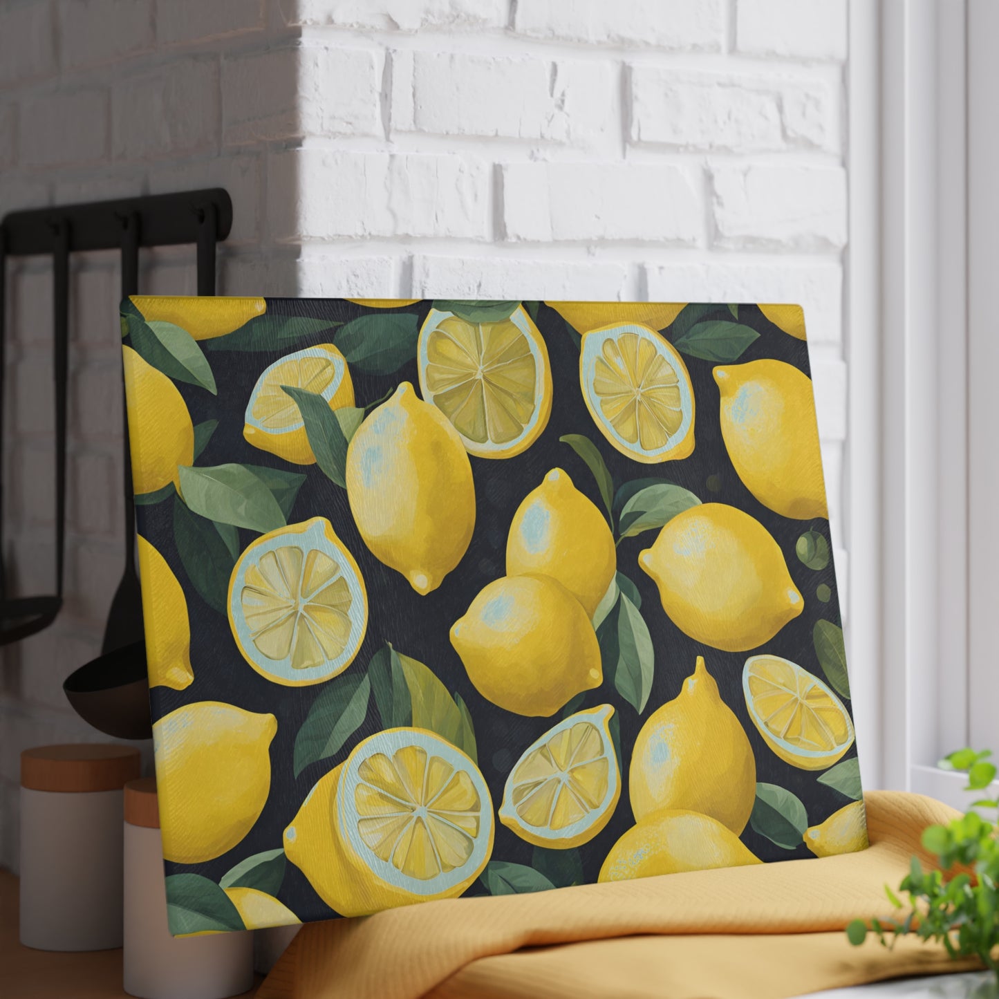 Kitchen Decor Glass Cutting Board Serving Tray with Lemons Pattern Cutting Board Gift for Home Cook Charcuterie Board