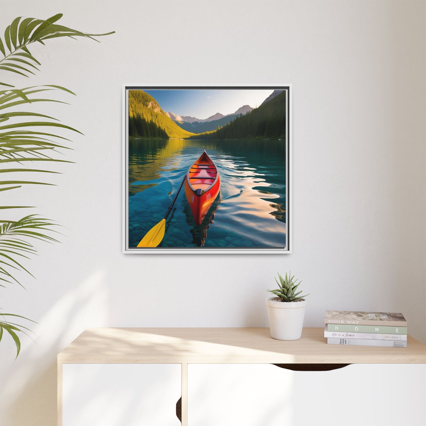 Canoe in the River Framed Canvas Wall Art Mountain Lover Outdoorsman Vacation Kayak Gift Nature Lover Peaceful Zen Gift 3 frame colors
