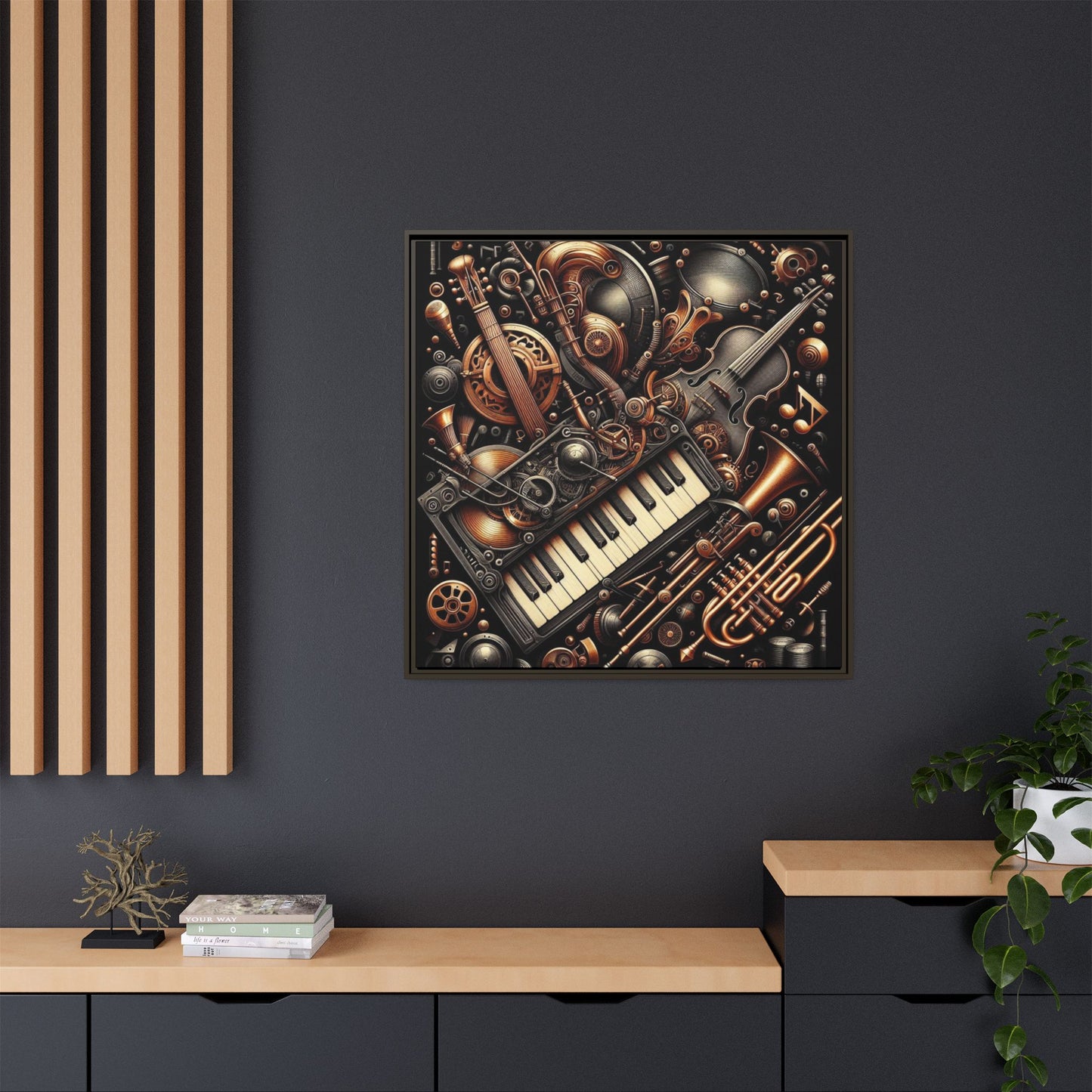 Modern Music-Themed Steampunk Style Print Abstract Design Unique Framed Canvas Print Wall Art Music Lover Gift Decor 3 frame colors