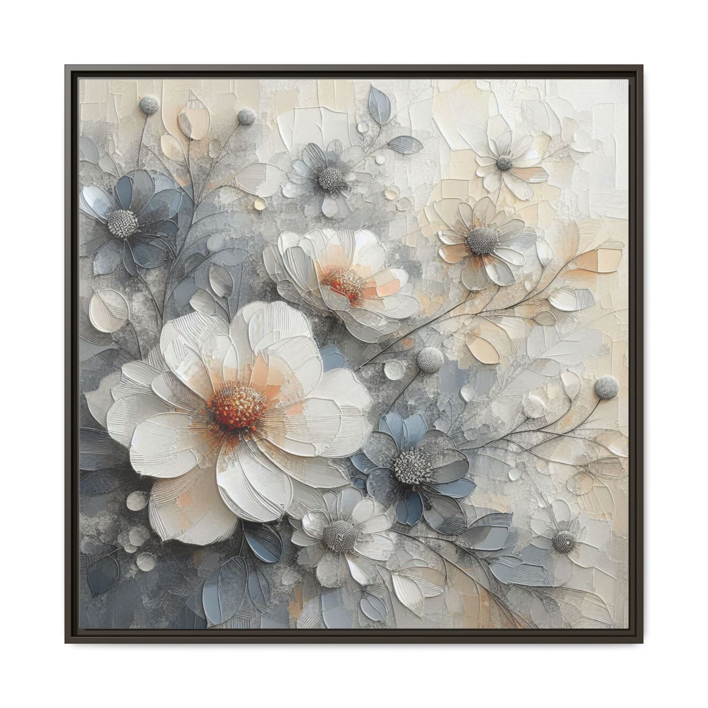 Modern Grey and White Floral Design Unique Framed Canvas Wall Art Flower Lover Gift Nature Lover Gift 3 frame colors