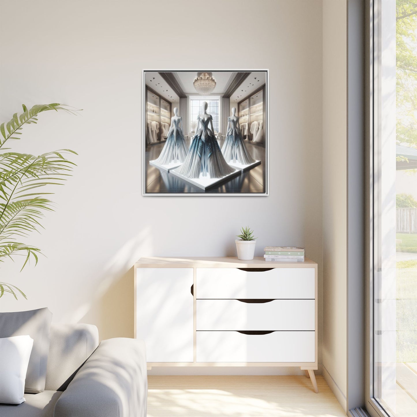 Futuristic Bodycon Runway Dress Framed Canvas Print Wall Art Unique Fashion Designer Style Haute Couture Fashionista Gift 3 Frame Colors