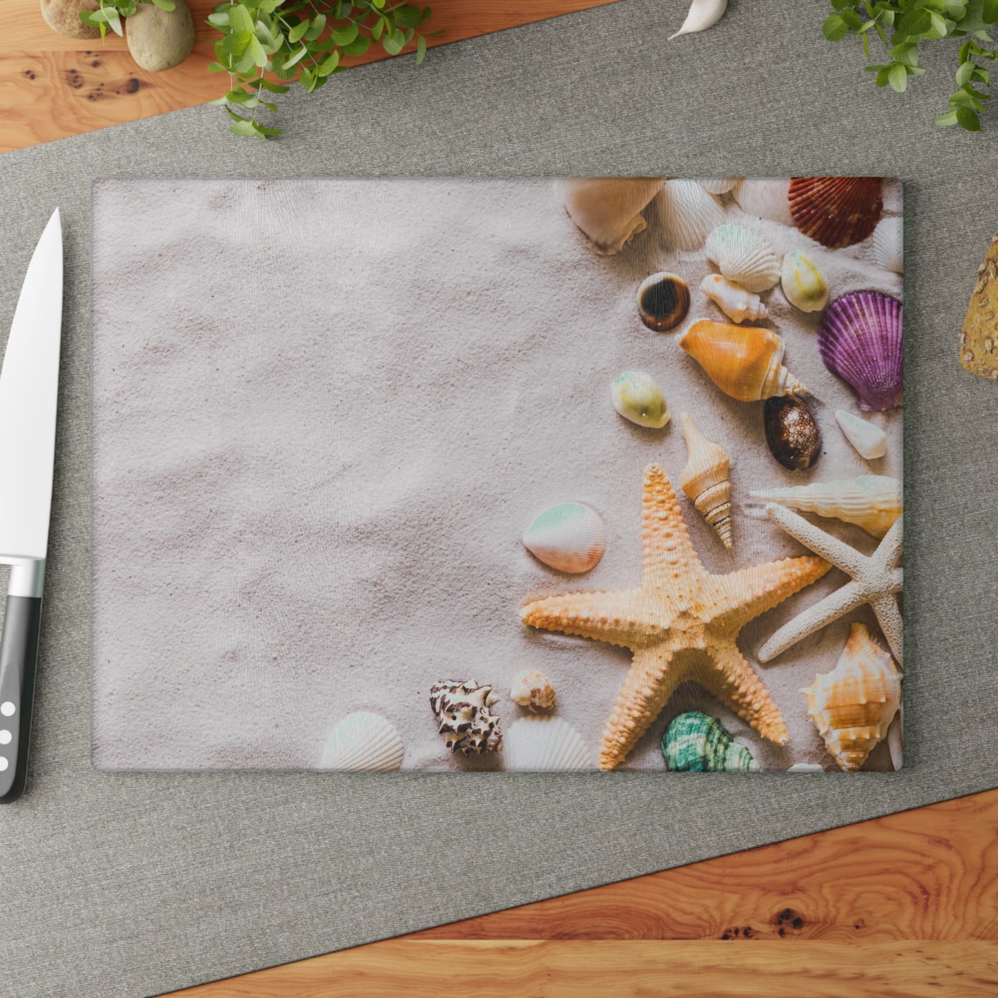 Beachy Kitchen Decor Glass Cutting Board Serving Tray with Shells and Star Fish Cutting Board Gift for Home Cook Fun Charcuterie Board