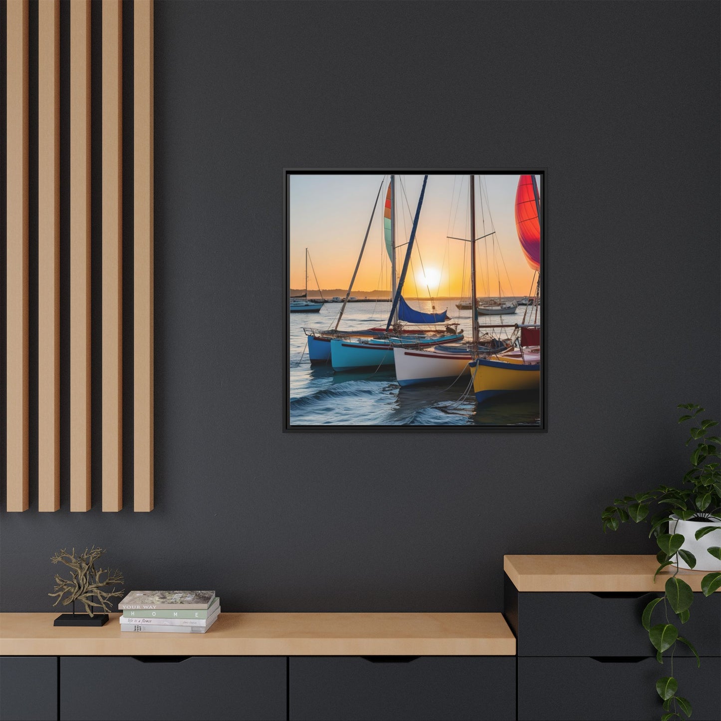 Sailboats at Sunset in Harbor Framed Canvas Wall Art Beach Lover Vacation Oceanic Gift Nature Lover Peaceful Zen Sunrise Art 3 frame colors