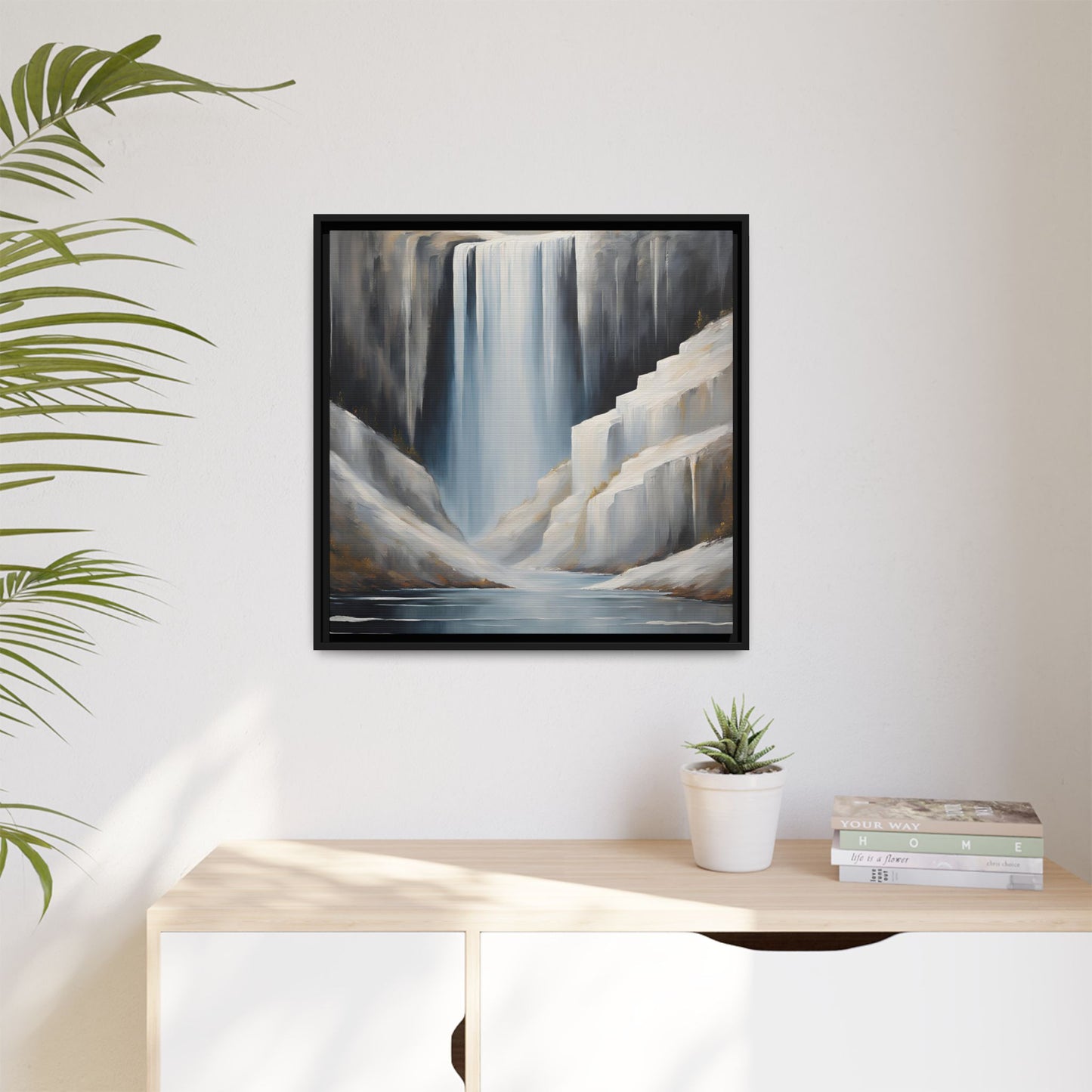 Modern Abstract Waterfall Design Unique Framed Canvas Wall Art Ocean Beach Gift Nature Lover Gift Mountain Landscape Gift 3 frame colors