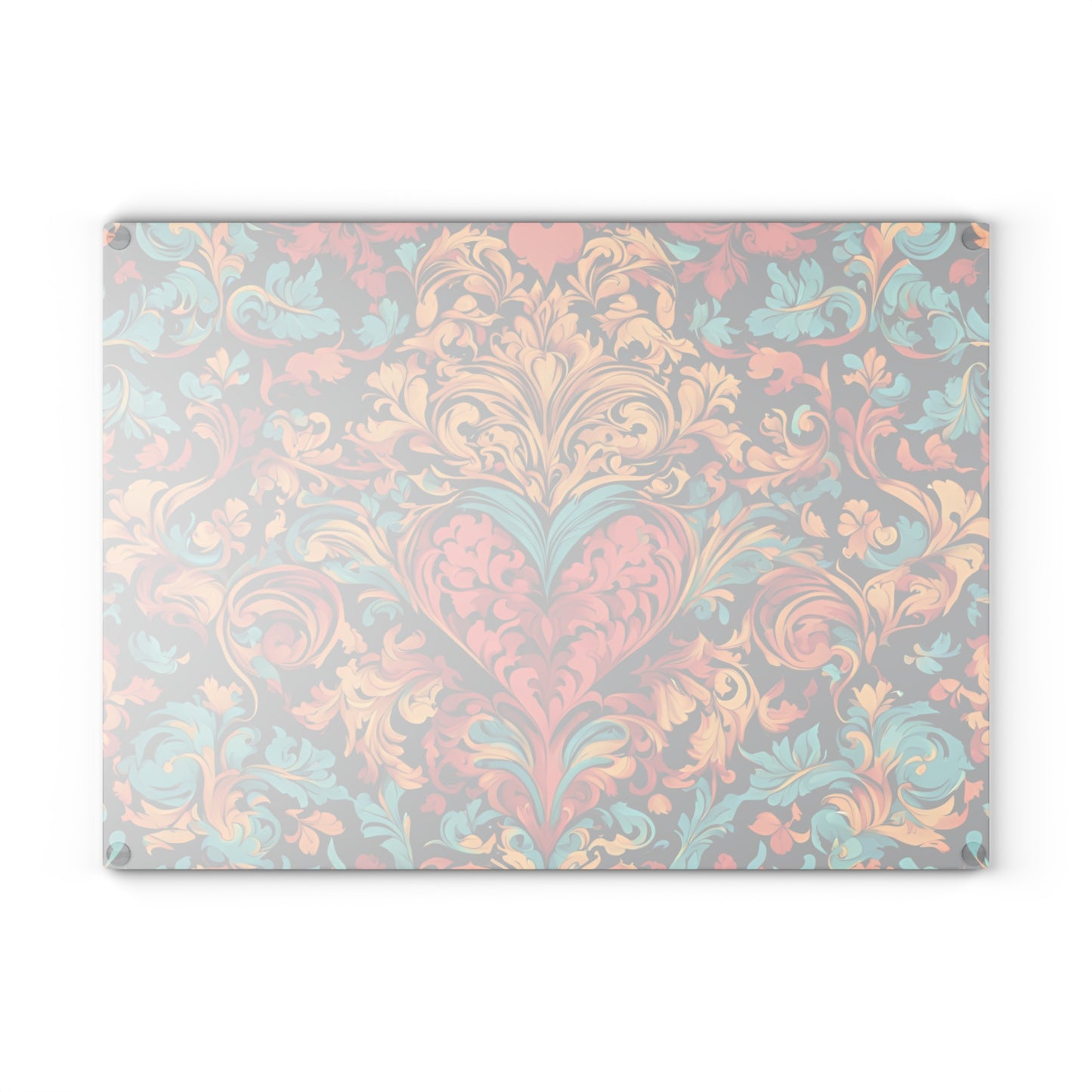 Kitchen Decor Glass Cutting Board Serving Tray with Heart Design Retro Damask Pattern Cutting Board Gift for Home Cook Charcuterie Board