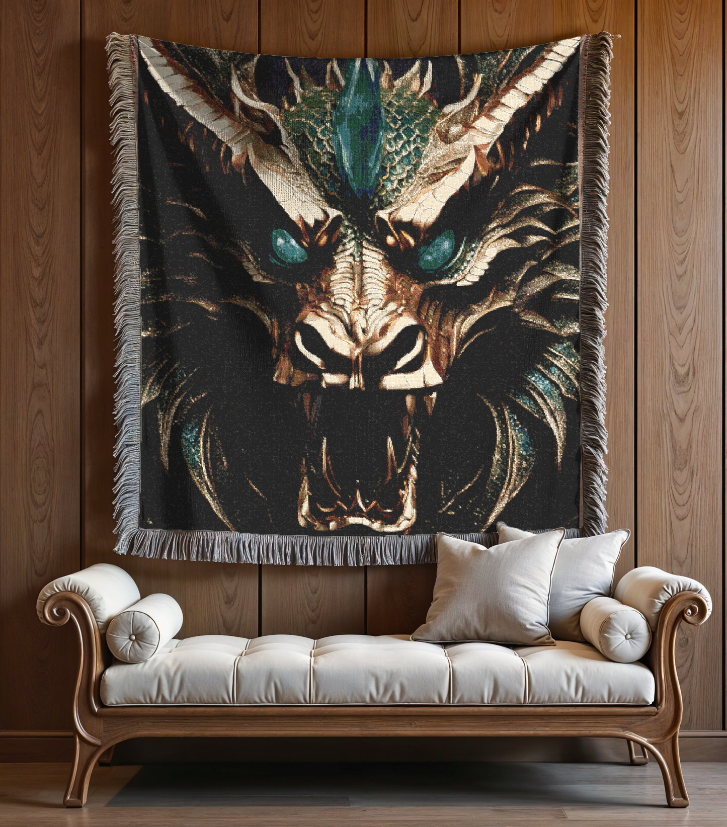 Roaring Dragon Cozy Reading Throw for Book Lovers Cotton Woven Fringed Picnic Blanket Wall Art