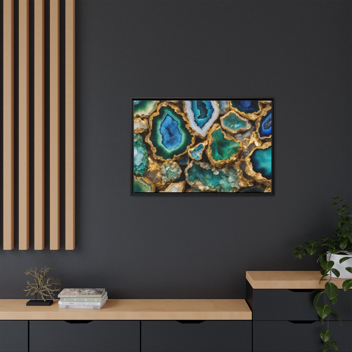 Blue, Green and Gold Quartz Crystal Geode Design Print Matte Canvas Wall Art Nature Lover Gift Geology Rock Lover Gift 3 frame color choices