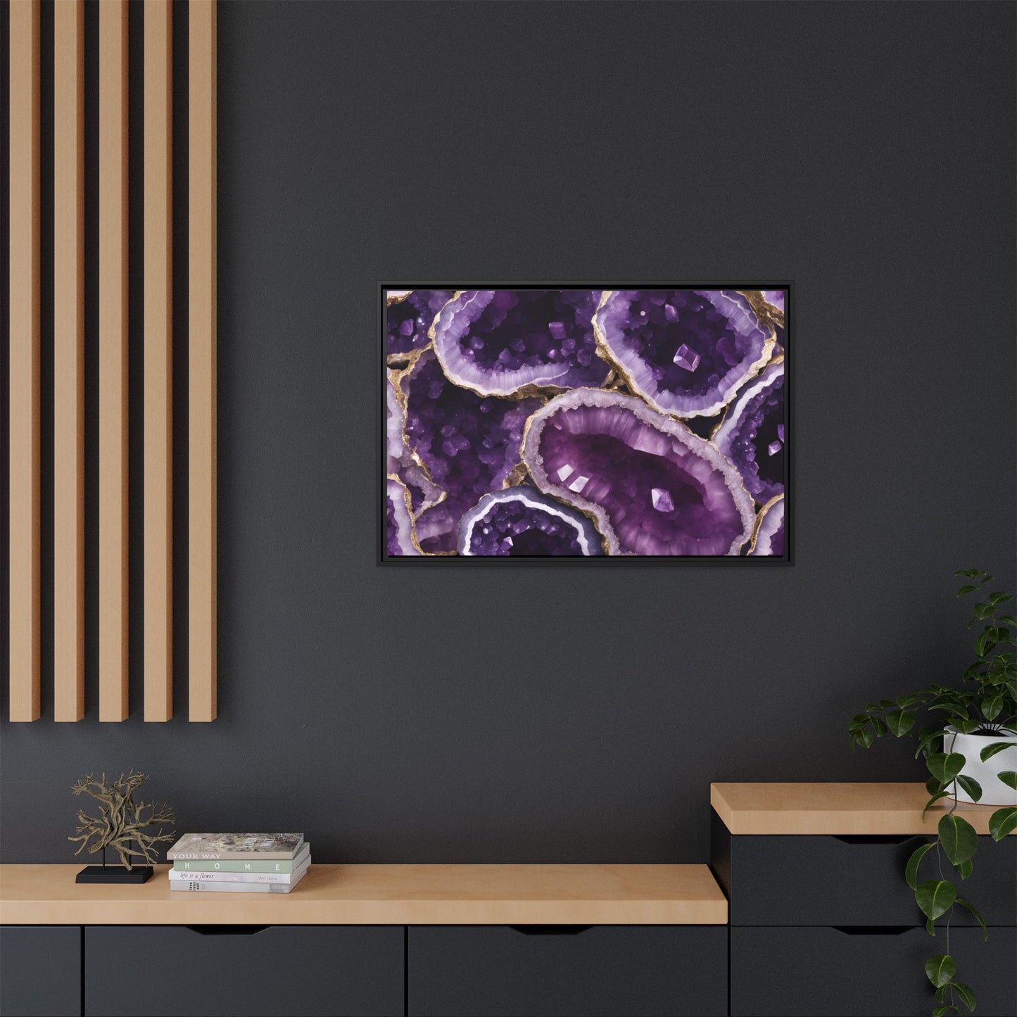 Purple Amethyst Crystal Geode Design Print Matte Canvas Wall Art Nature Lover Gift Geology Rock Lover Gift 3 frame colors to choose from