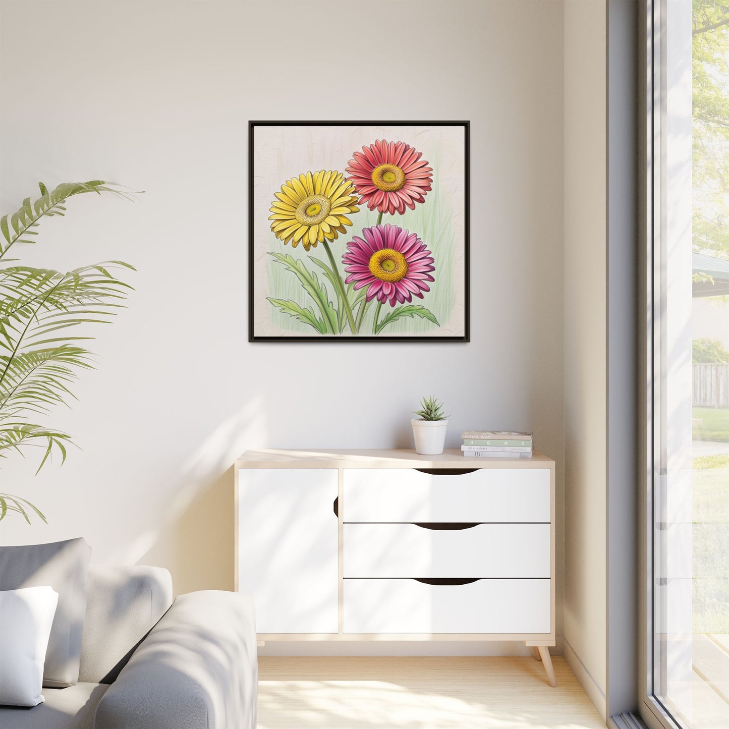 Daisy Floral Design Unique Framed Canvas Wall Art Flower Lover Gift Wildflower Artwork Nature Lover Lanscape Gift 3 frame colors