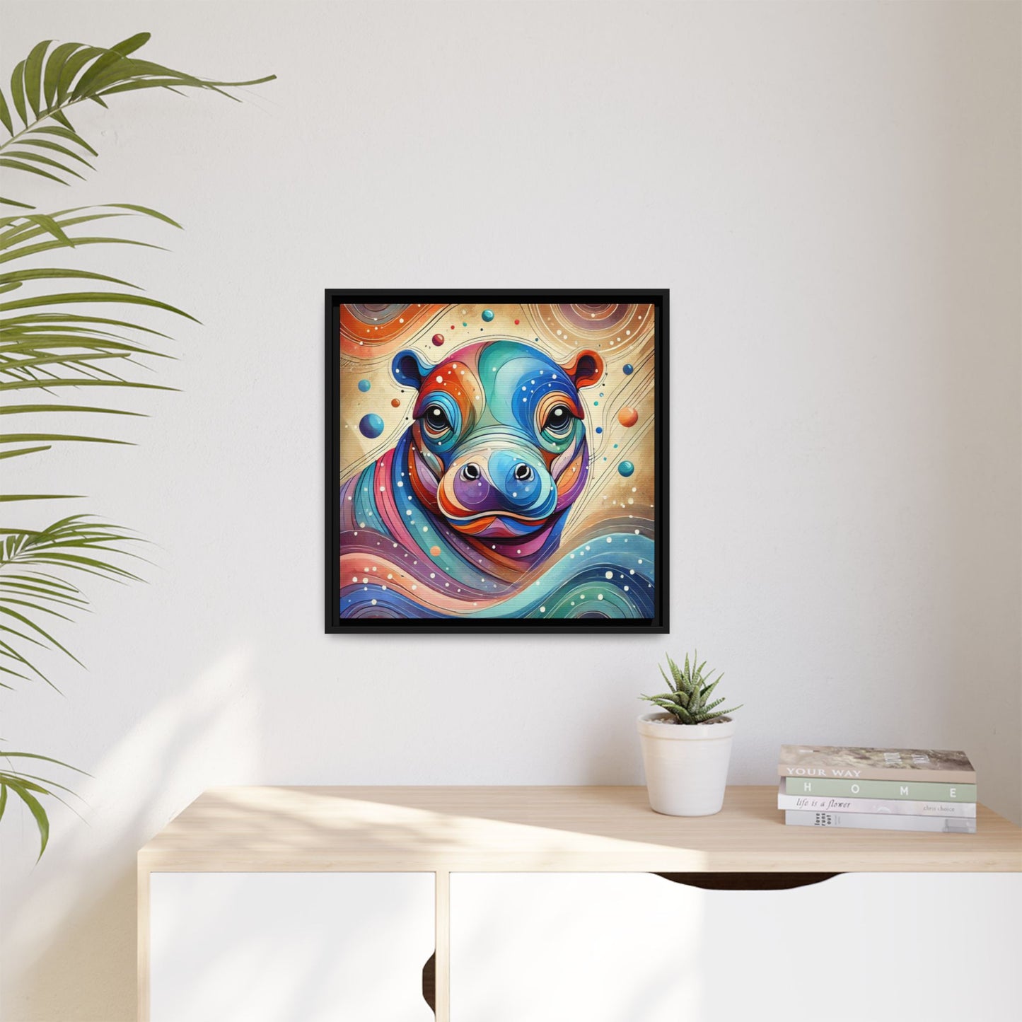 Modern Hippo Print Abstract Design Unique Framed Canvas Print Baby Hippo Wall Art Animal Lover Gift Nature Lover Decor 3 frame colors