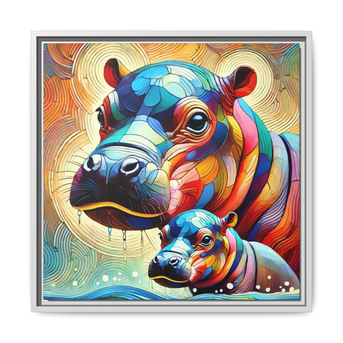 Modern Hippo Print Abstract Design Unique Framed Canvas Print Baby Hippo Wall Art Animal Lover Gift Nature Lover Decor 3 frame colors