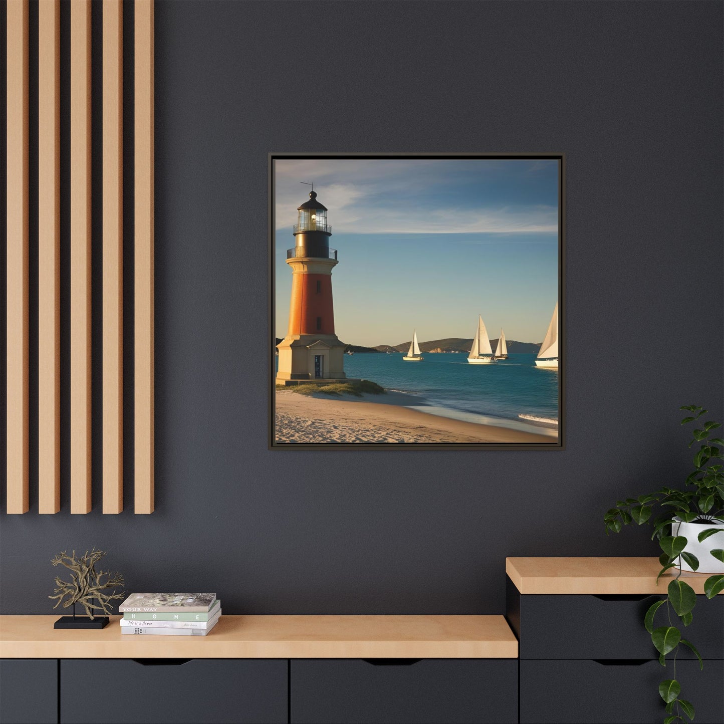 Lighthouse on the Beach Unique Framed Canvas Print Wall Art Nature Lover Gift Beachy Sailboats in the Ocean Vacation Decor 3 frame colors