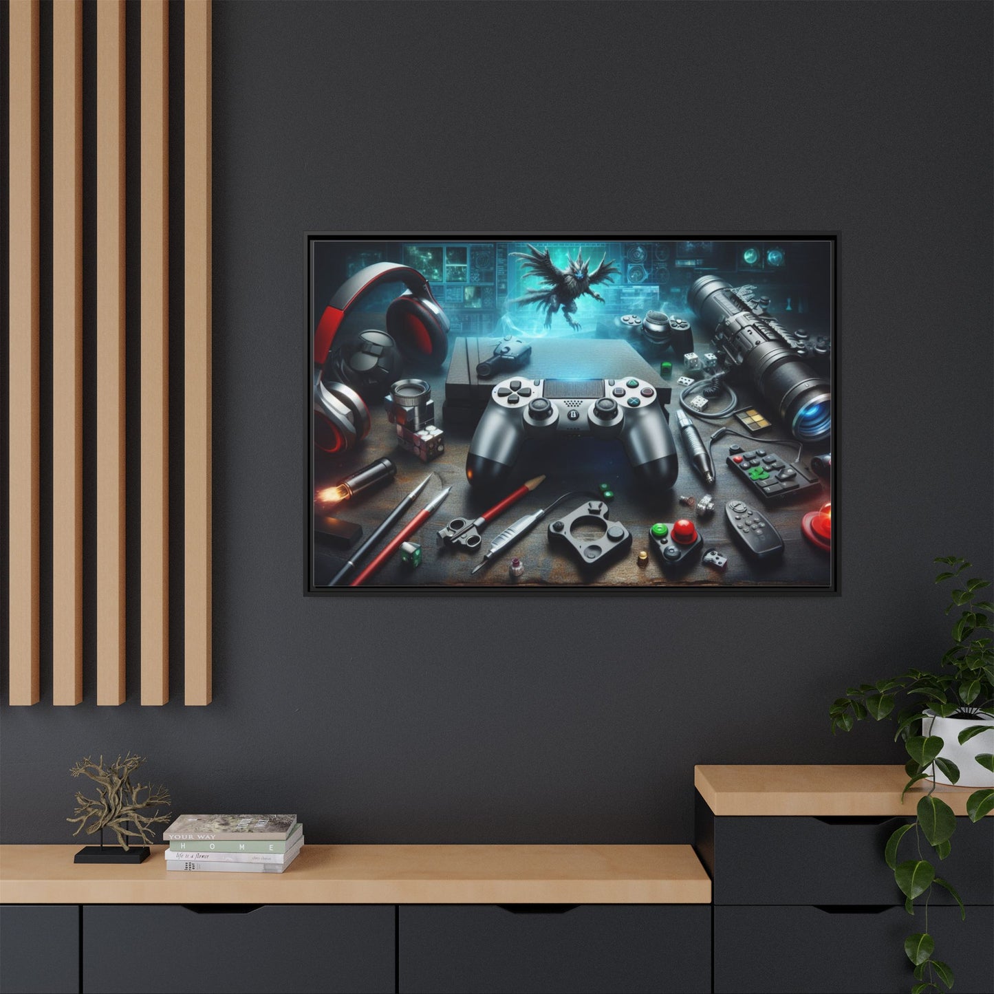 Gamer Themed Unique Framed AI Canvas Print Wall Art Video Game Lover Futuristic Digital Style Gift Cyber Geek Matrix Decor 3 frame colors