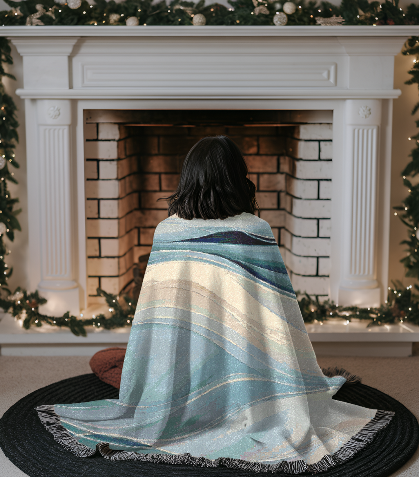 Wave Design Cozy Reading Throw for Book Lovers Cotton Woven Fringed Picnic Blanket Wall Art