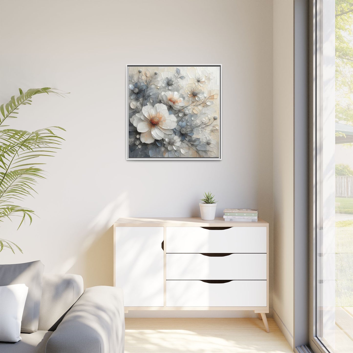 Modern Grey and White Floral Design Unique Framed Canvas Wall Art Flower Lover Gift Nature Lover Gift 3 frame colors