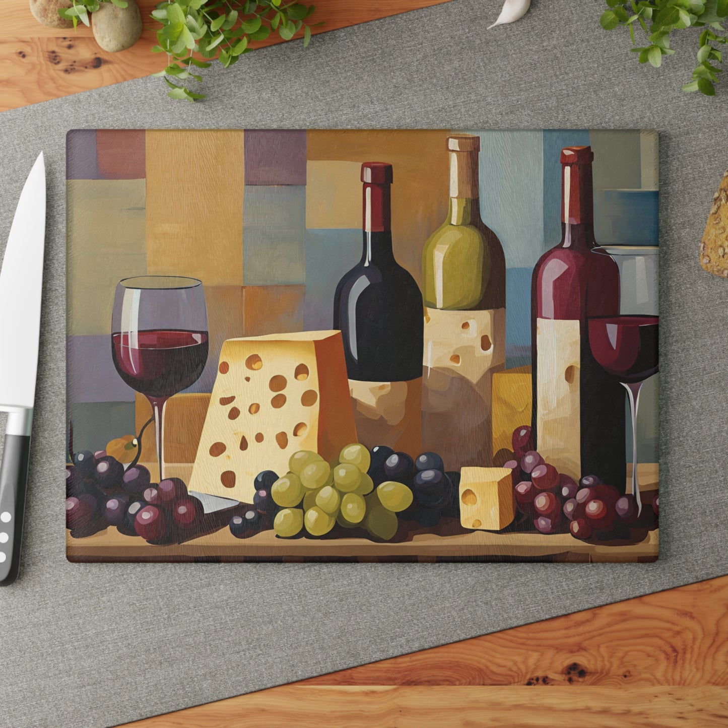 Kitchen Decor Glass Cutting Board Serving Tray with Wine and Cheese Design Cutting Board Gift for Home Cook Charcuterie Board