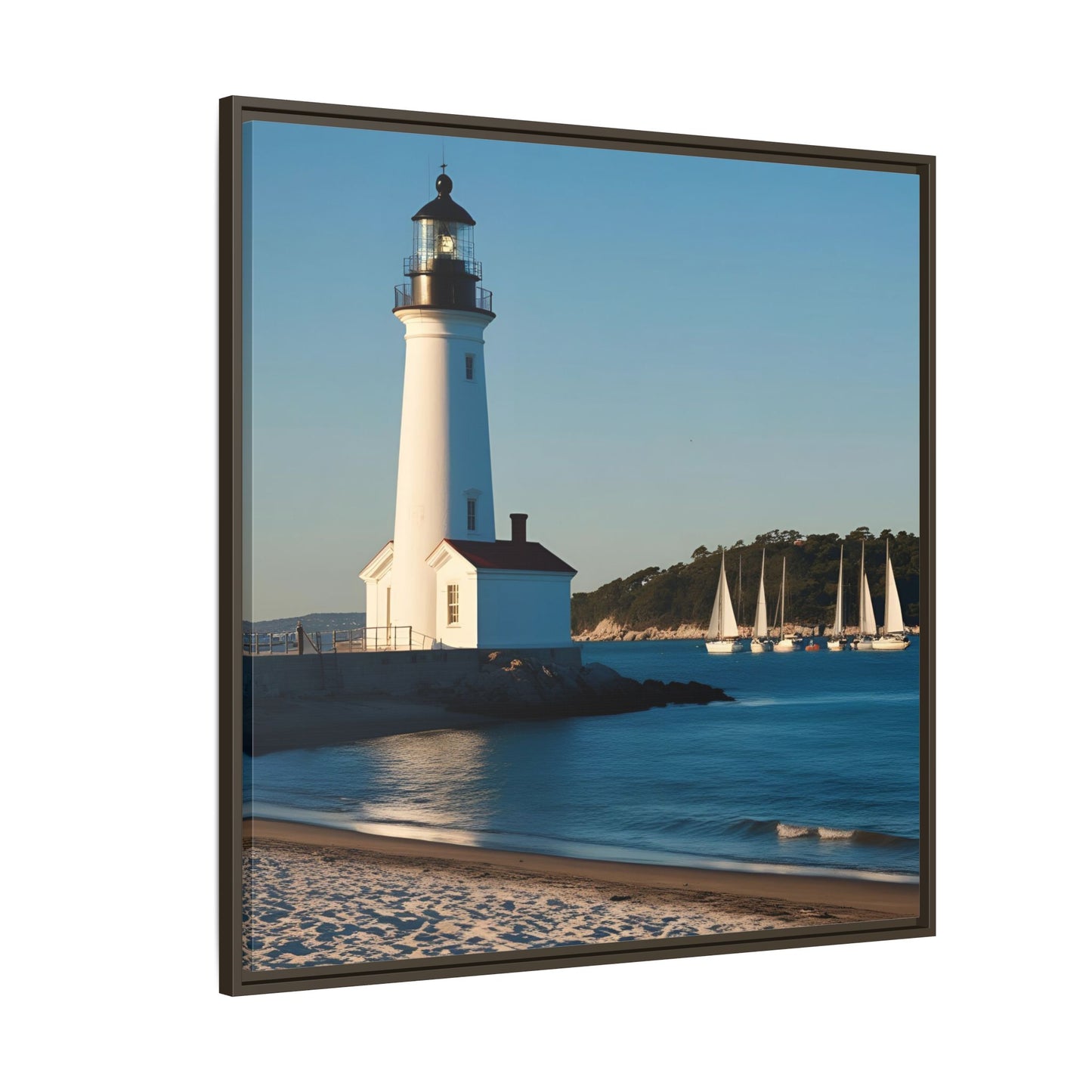 Lighthouse on the Beach Unique Framed Canvas Print Wall Art Nature Lover Gift Beachy Sailboats in the Ocean Vacation Decor 3 frame colors