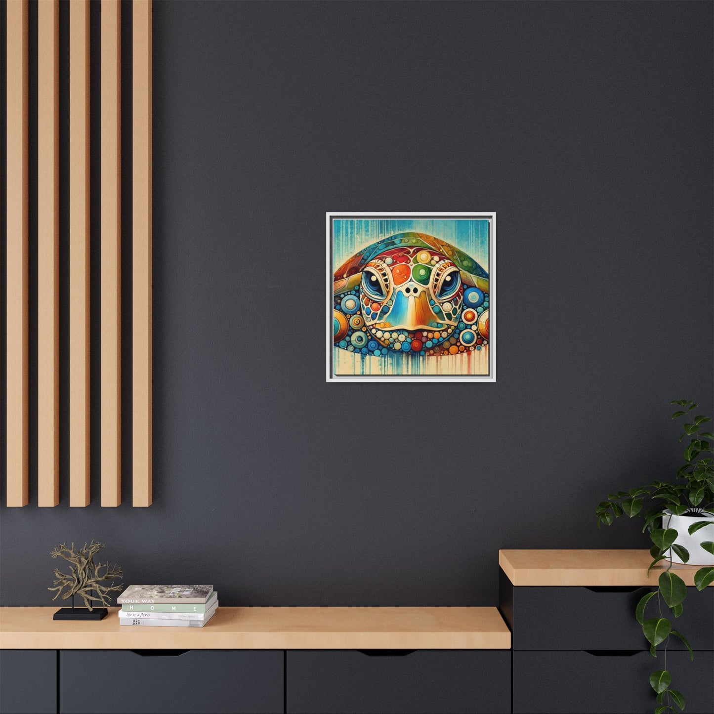 Modern Sea Turtle Print Abstract Design Unique Framed Canvas Print Oceanic Beachy Wall Art Animal Lover Nature Lover Decor 3 frame colors