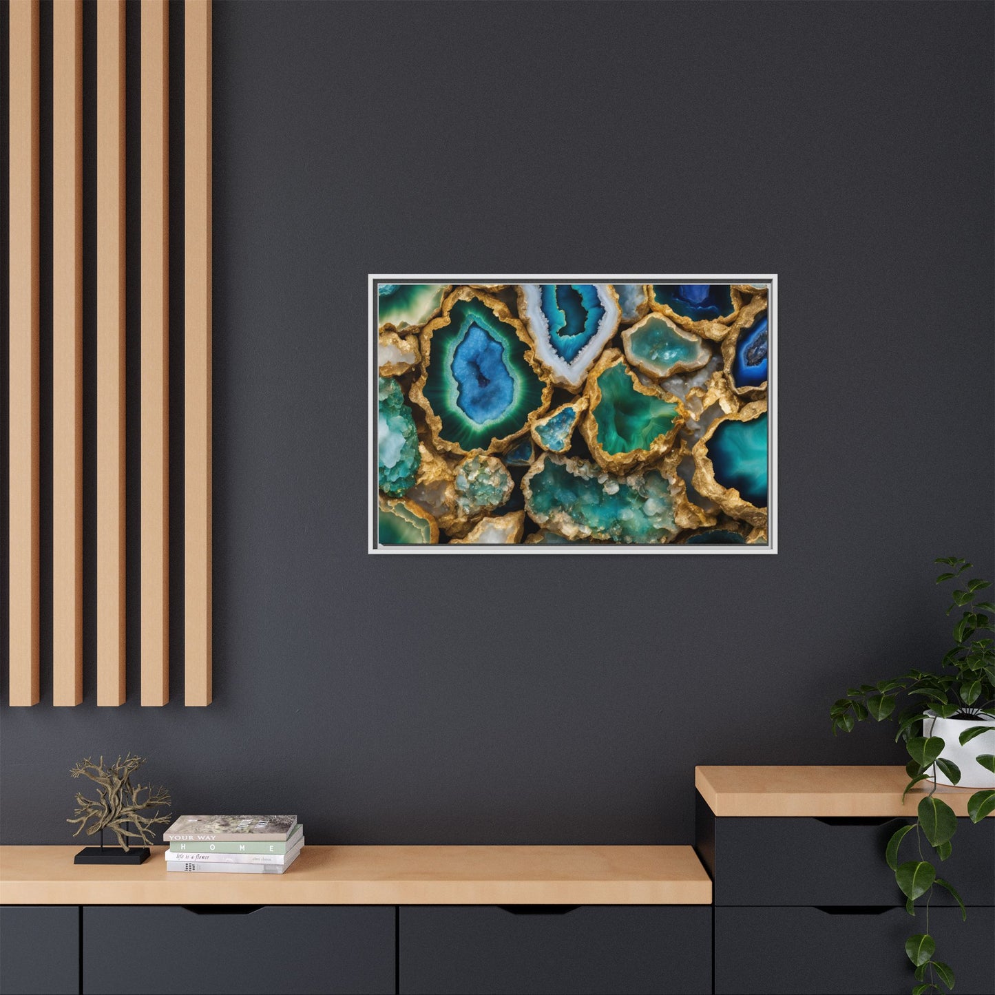 Blue, Green and Gold Quartz Crystal Geode Design Print Matte Canvas Wall Art Nature Lover Gift Geology Rock Lover Gift 3 frame color choices