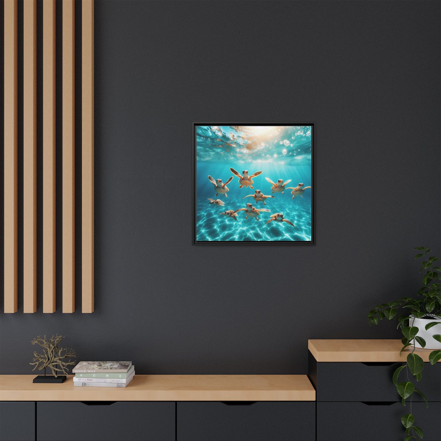 Baby Sea Turtles Out for a Swim Framed Canvas Wall Art Beach Lover Vacation Oceanic Gift Nature Lover Peaceful Zen Gift 3 frame colors