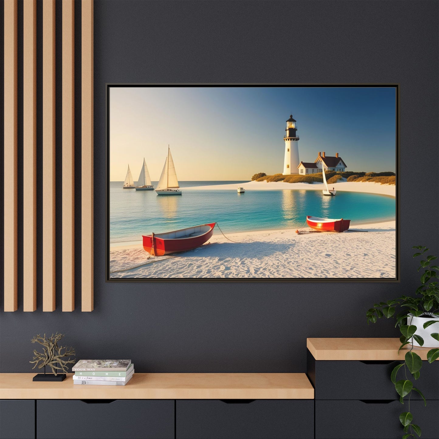 Lighthouse on the Beach Unique Framed Canvas Print Wall Art Nature Lover Gift Beachy Sailboats in the Ocean Vacation Decor 3 frame colors