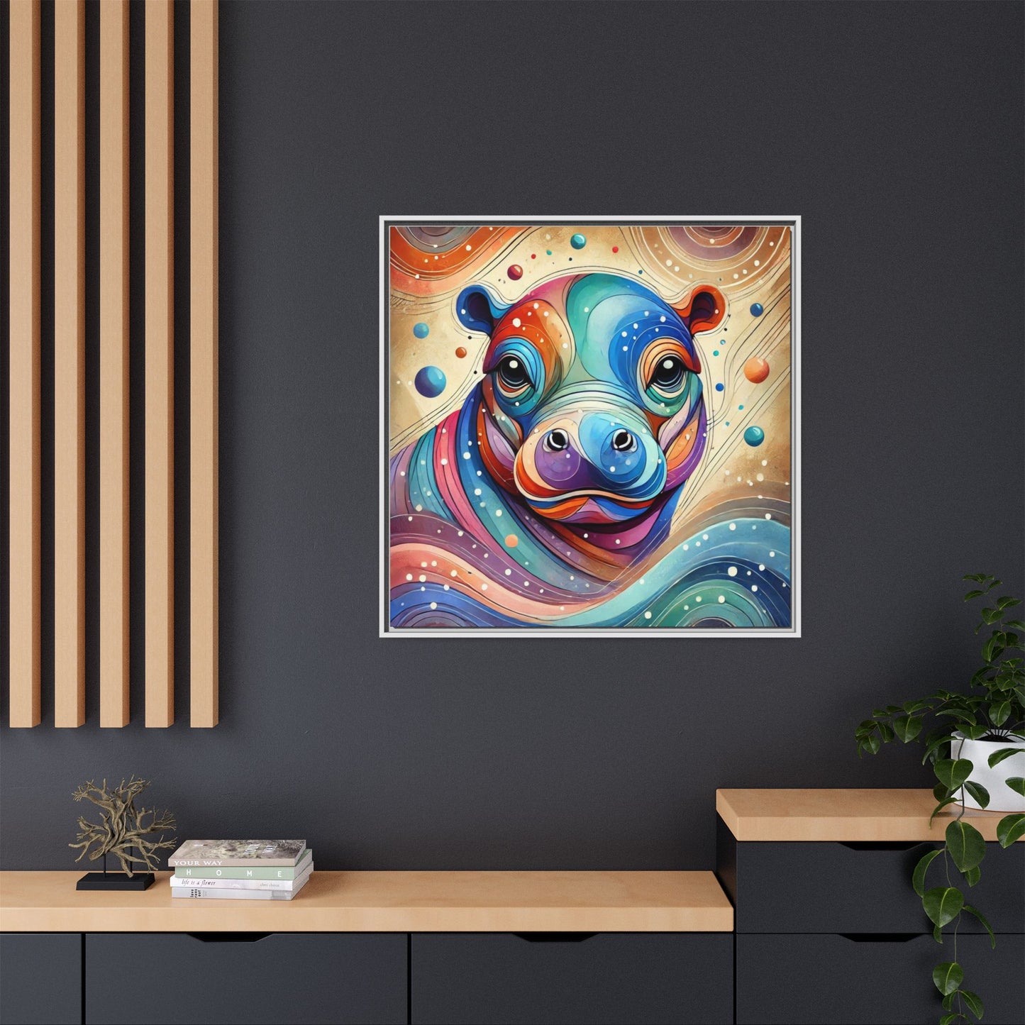 Modern Hippo Print Abstract Design Unique Framed Canvas Print Baby Hippo Wall Art Animal Lover Gift Nature Lover Decor 3 frame colors
