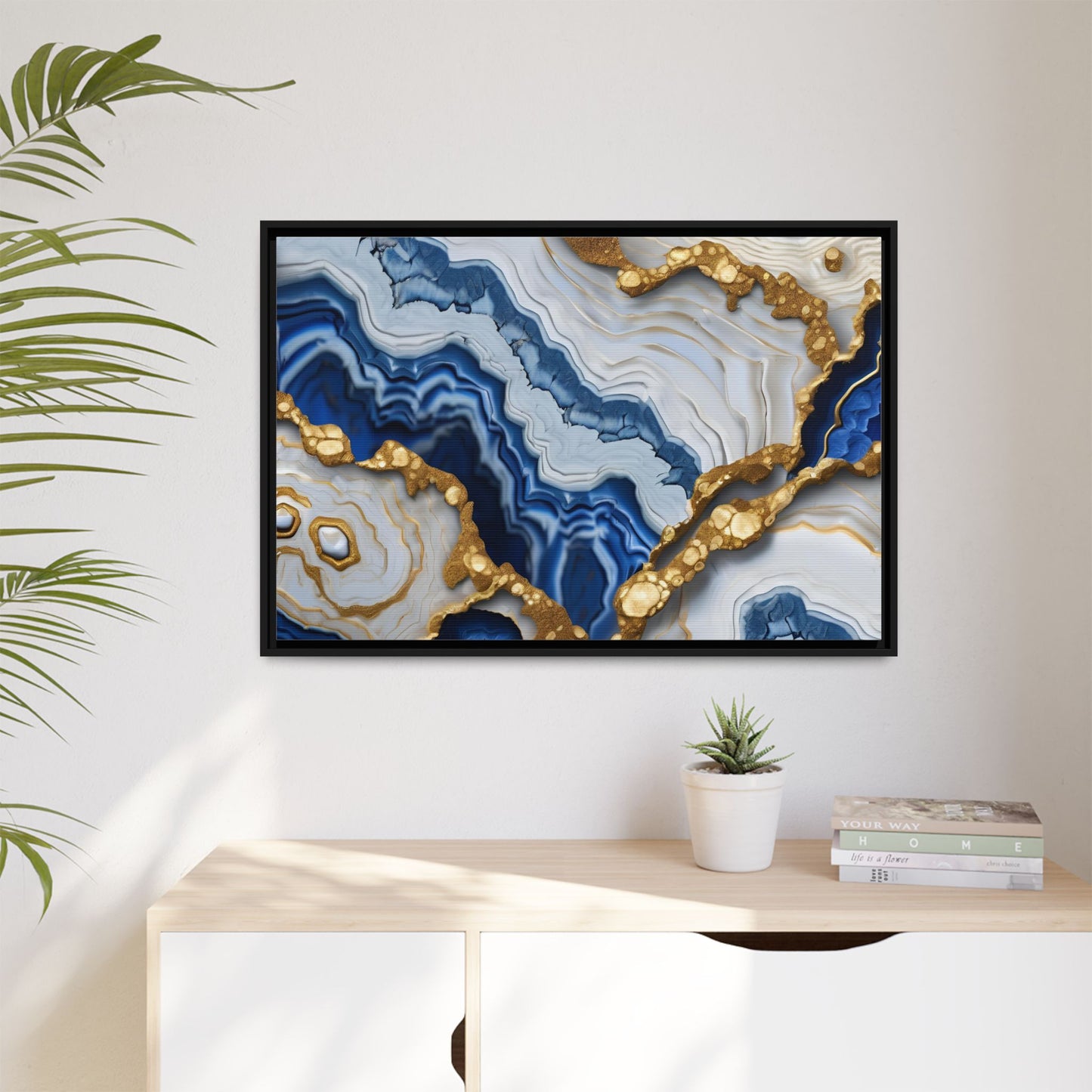 Blue, White and Gold Quartz Crystal Geode Design Print Matte Canvas Wall Art Nature Lover Gift Geology Rock Lover Gift 3 frame color choices